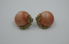 Natural Coral Diamond 18 Karat Gold Earrings Art Deco Hollywood Regency