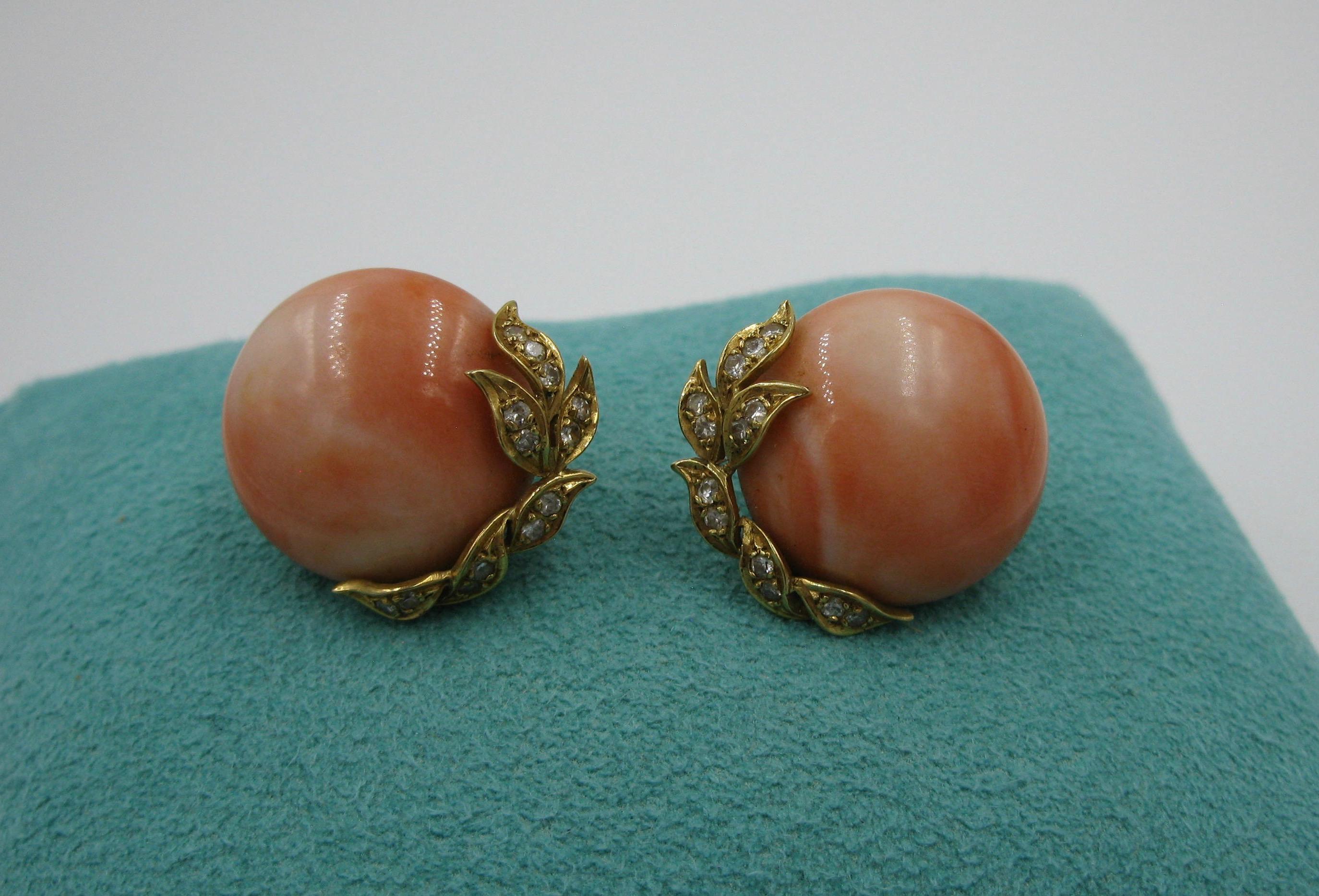 Cabochon Natural Coral Diamond 18 Karat Gold Earrings Art Deco Hollywood Regency For Sale