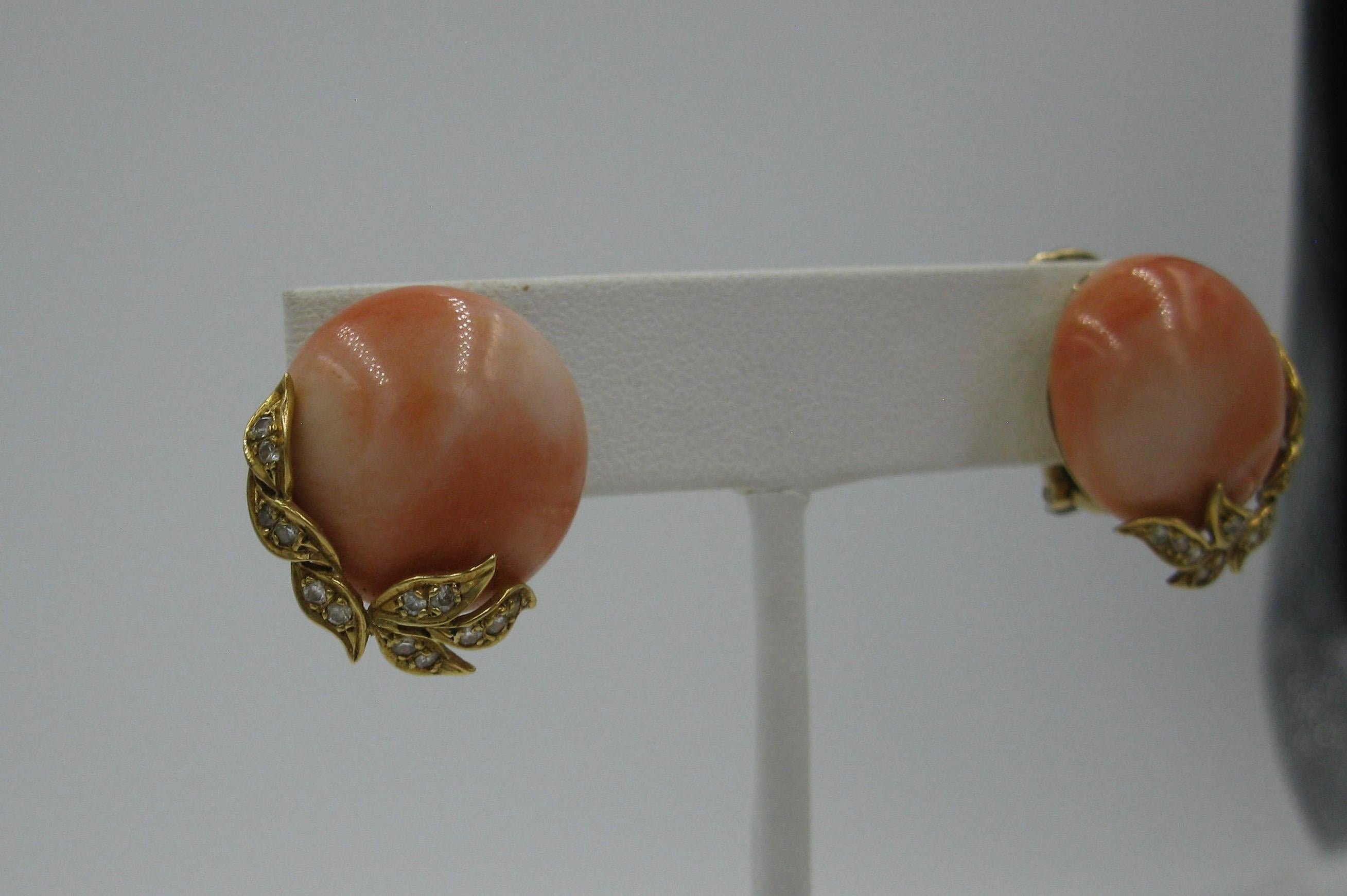 Women's Natural Coral Diamond 18 Karat Gold Earrings Art Deco Hollywood Regency For Sale
