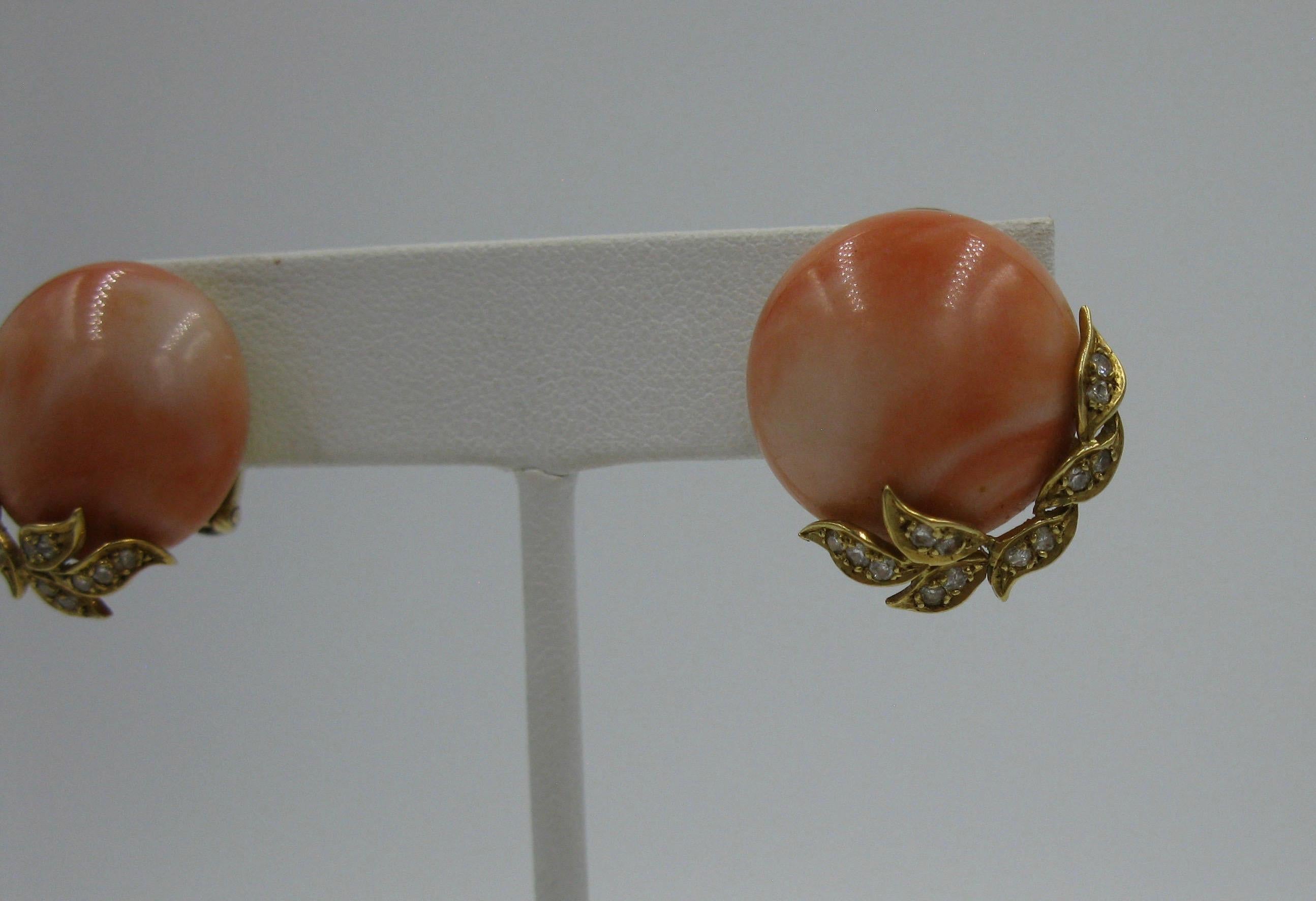 Pendientes Coral Natural Diamante Oro 18 Kilates Art Decó Hollywood Regency en venta 1