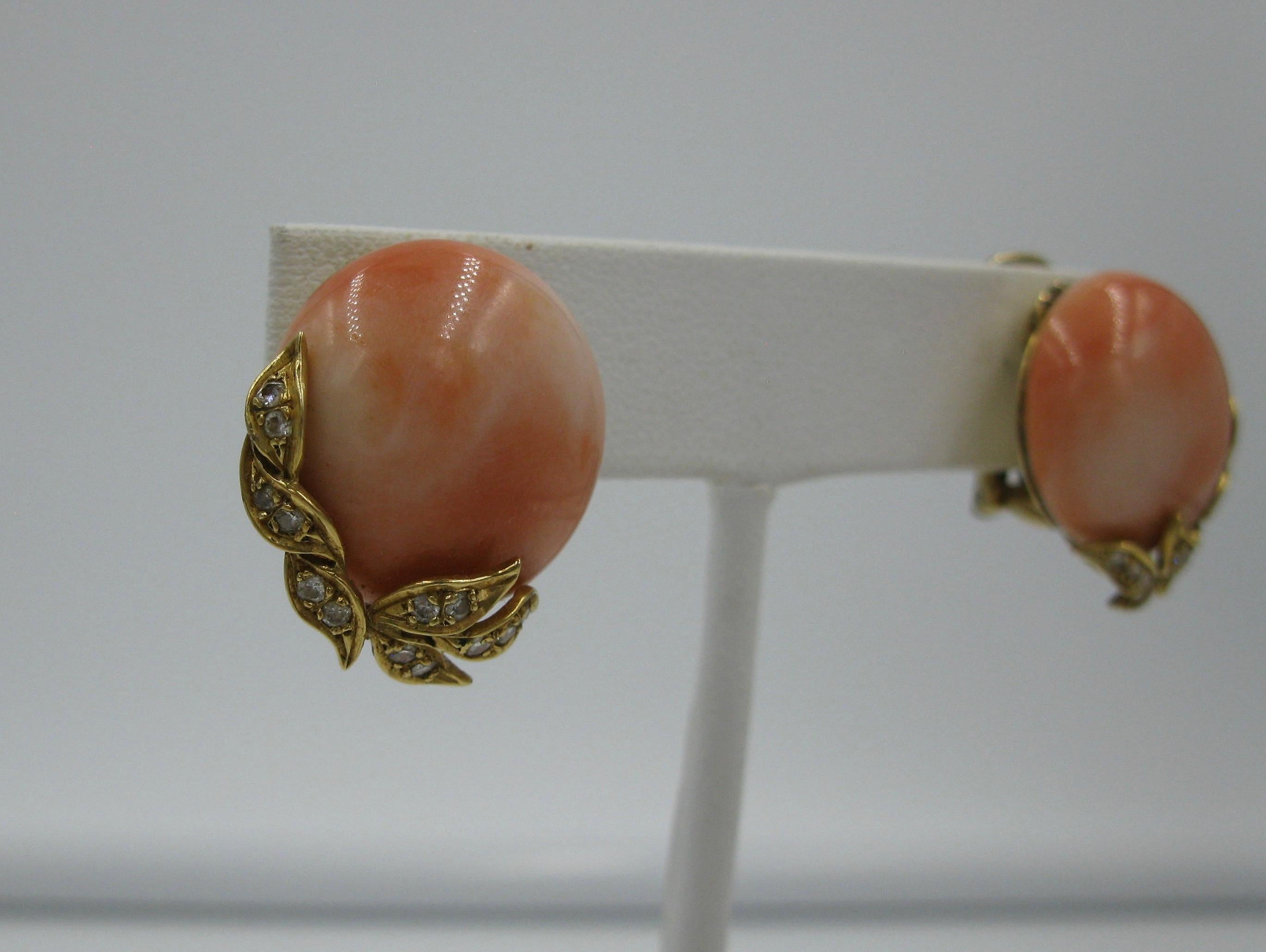 Pendientes Coral Natural Diamante Oro 18 Kilates Art Decó Hollywood Regency en venta 2