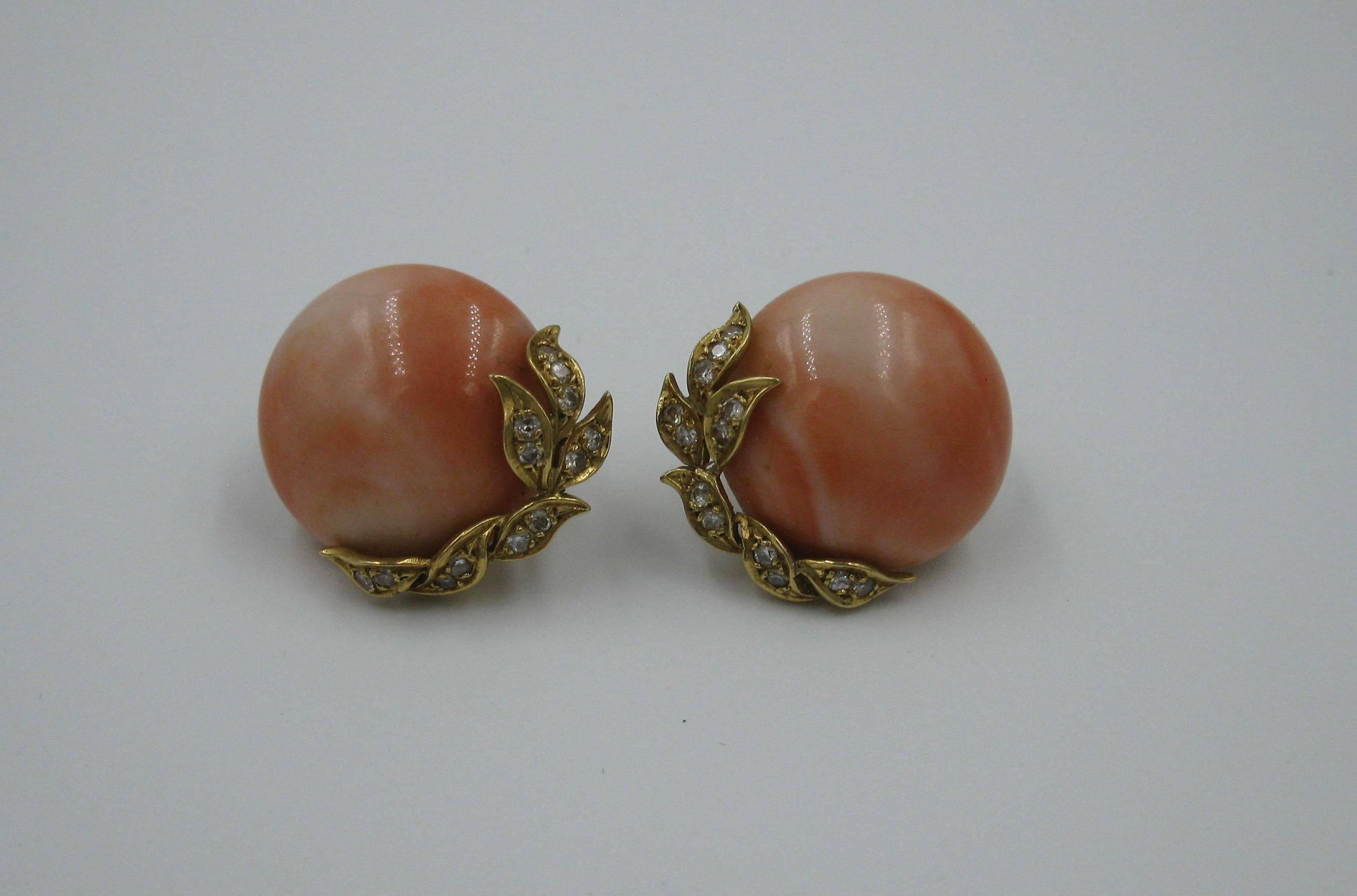 Natural Coral Diamond 18 Karat Gold Earrings Art Deco Hollywood Regency For Sale 3