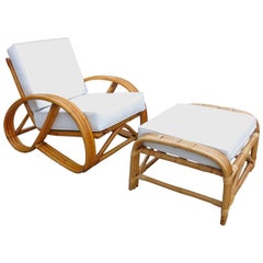 Restored 3/4 Round Pretzel Rattan Lounge Chair with Ottoman