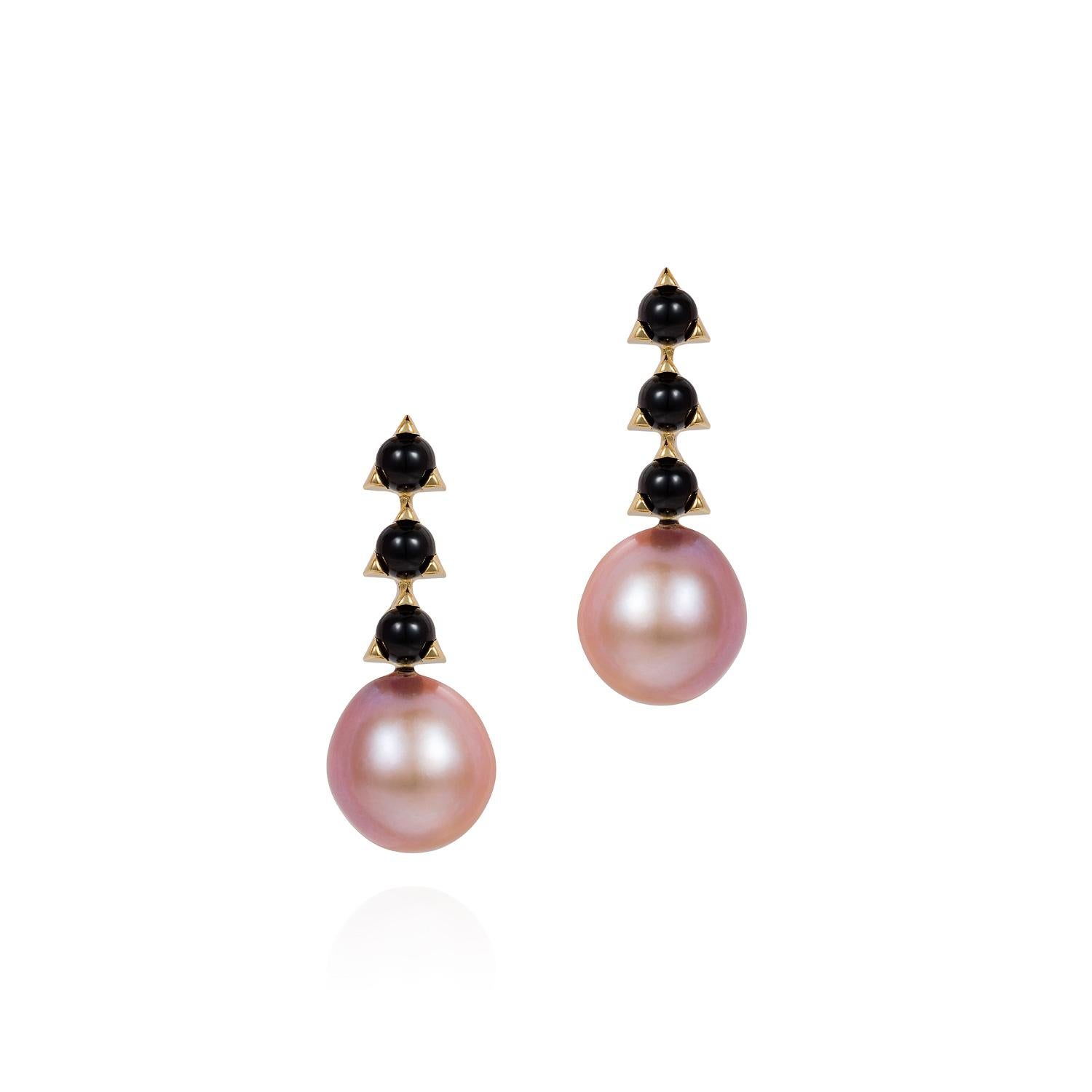 Contemporary 3-4mm Stone Baroque Violet Pearl Earrings, London Blue Topaz, 18 K Yellow Gold For Sale