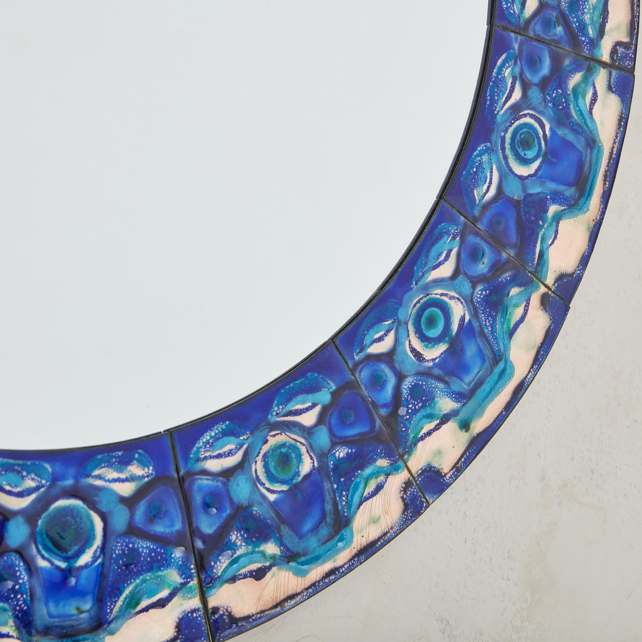 Scandinavian Modern 3/5 Blue Hand-Painted Enamel Mirror by Bodil Eje, Denmark 1960s For Sale