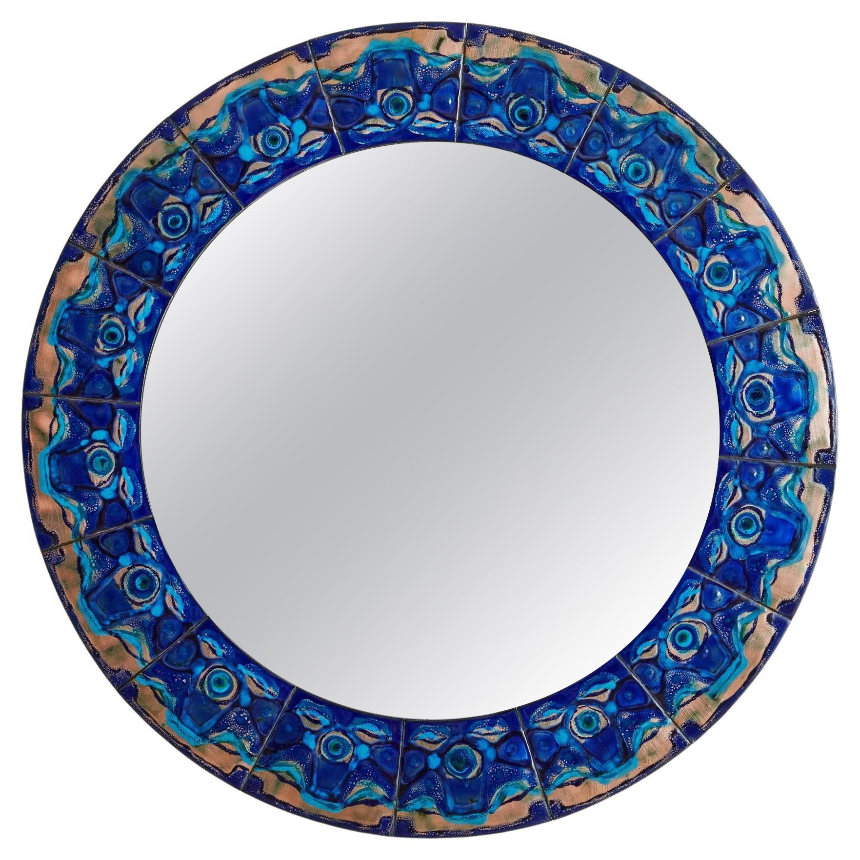 3/5 Blue Hand-Painted Enamel Mirror by Bodil Eje, Denmark 1960s