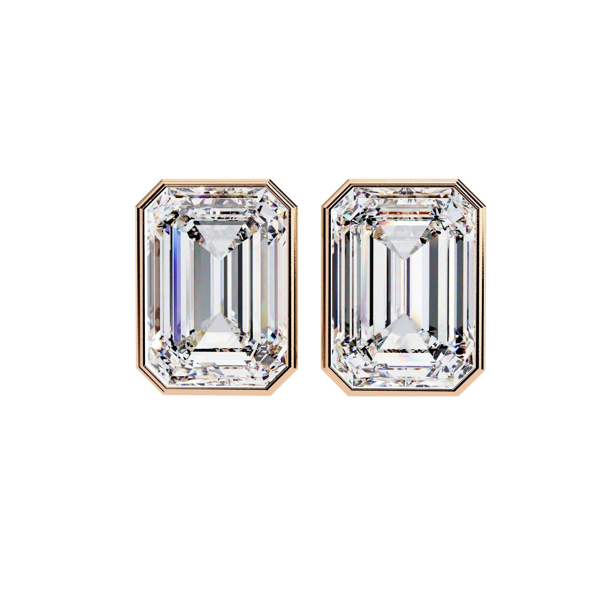 3/5 Ctw Emerald Cut Diamond Stud Earring Bezel Set 14K Solid Gold SI GH en vente 2