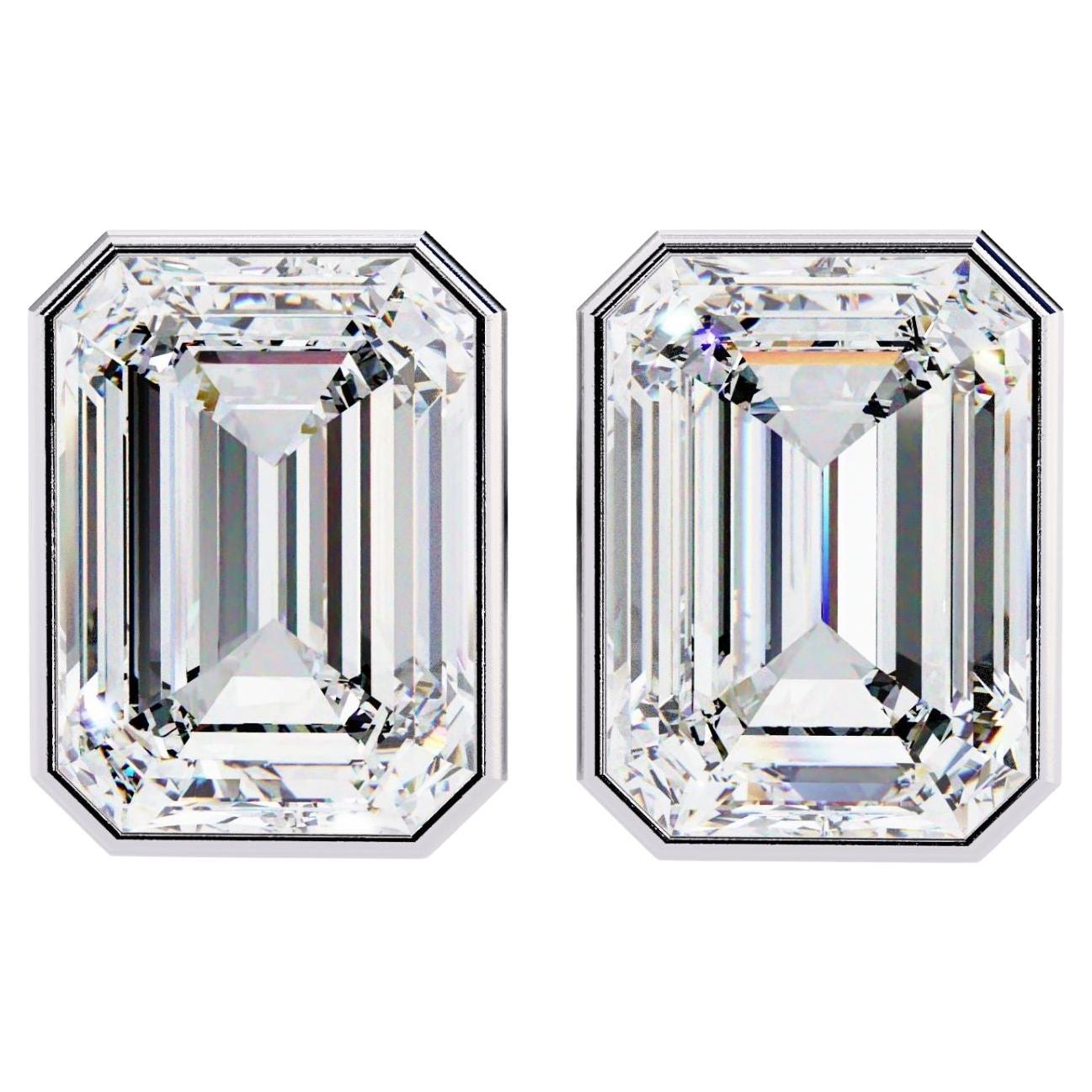 3/5 Ctw Emerald Cut Diamond Stud Earring Bezel Set 14K Solid Gold SI GH For Sale