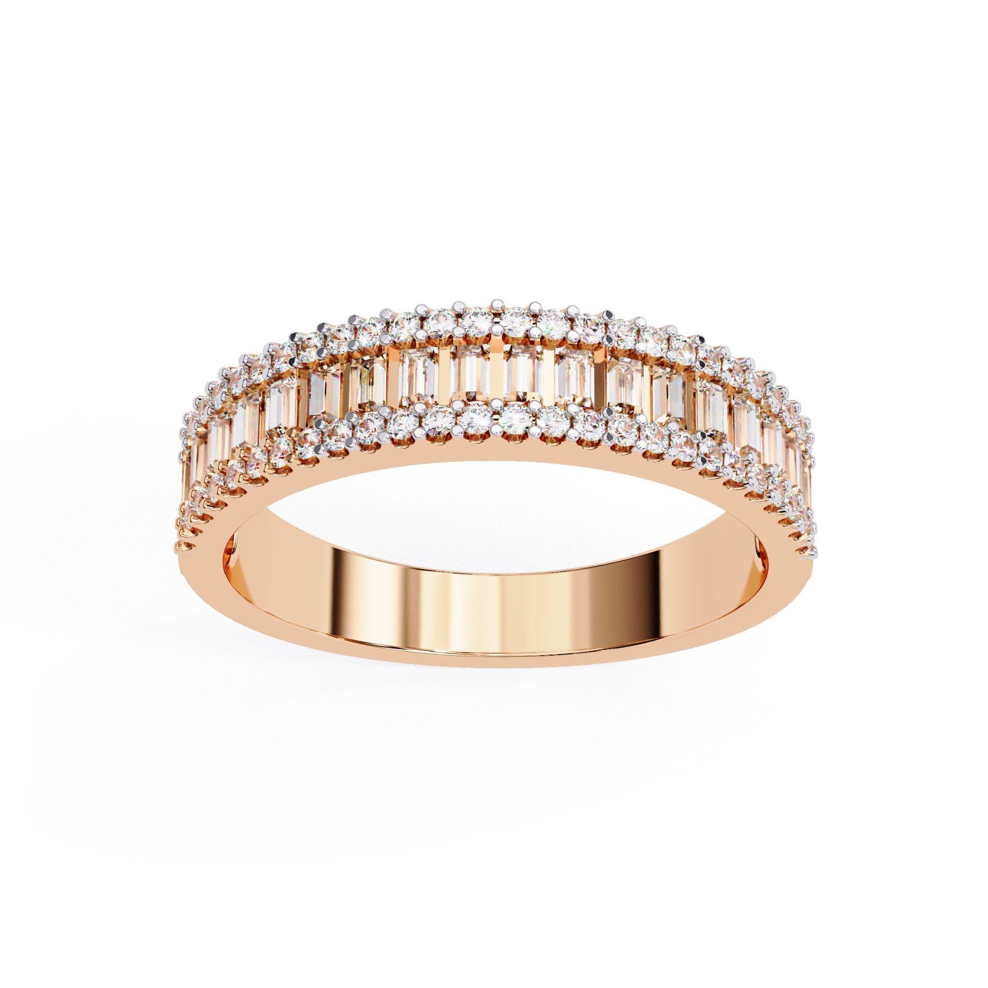 3/5 Ctw Round and Baguette 3 Row Half Eternity Ring 14K Solid Gold SI GH For Sale 5