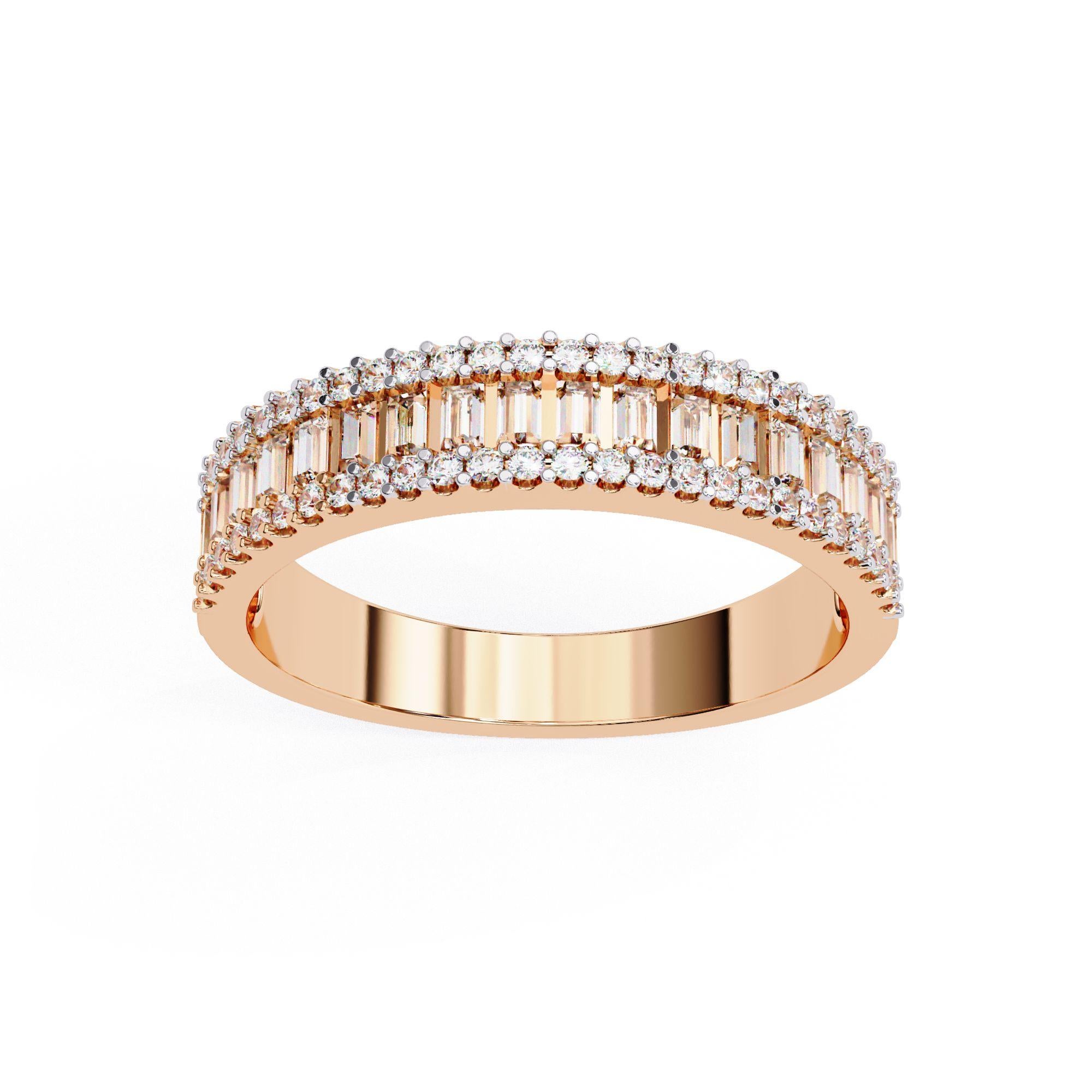 Anello a mezza eternità a 3 file con tondo e baguette da 3/5 carati in oro massiccio 14K SI GH in vendita 5