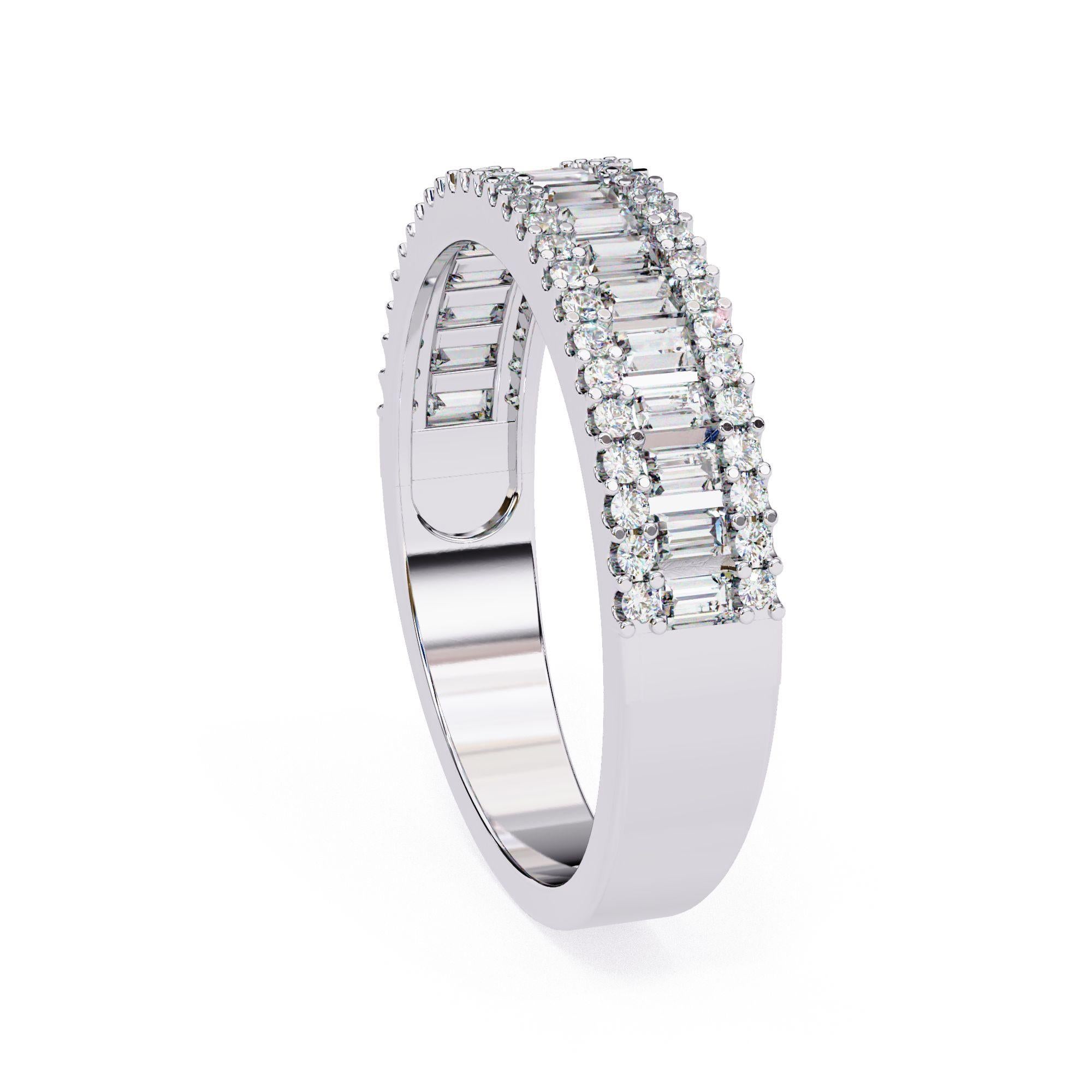 Contemporary 3/5 Ctw Round and Baguette 3 Row Half Eternity Ring 14K Solid Gold SI GH For Sale