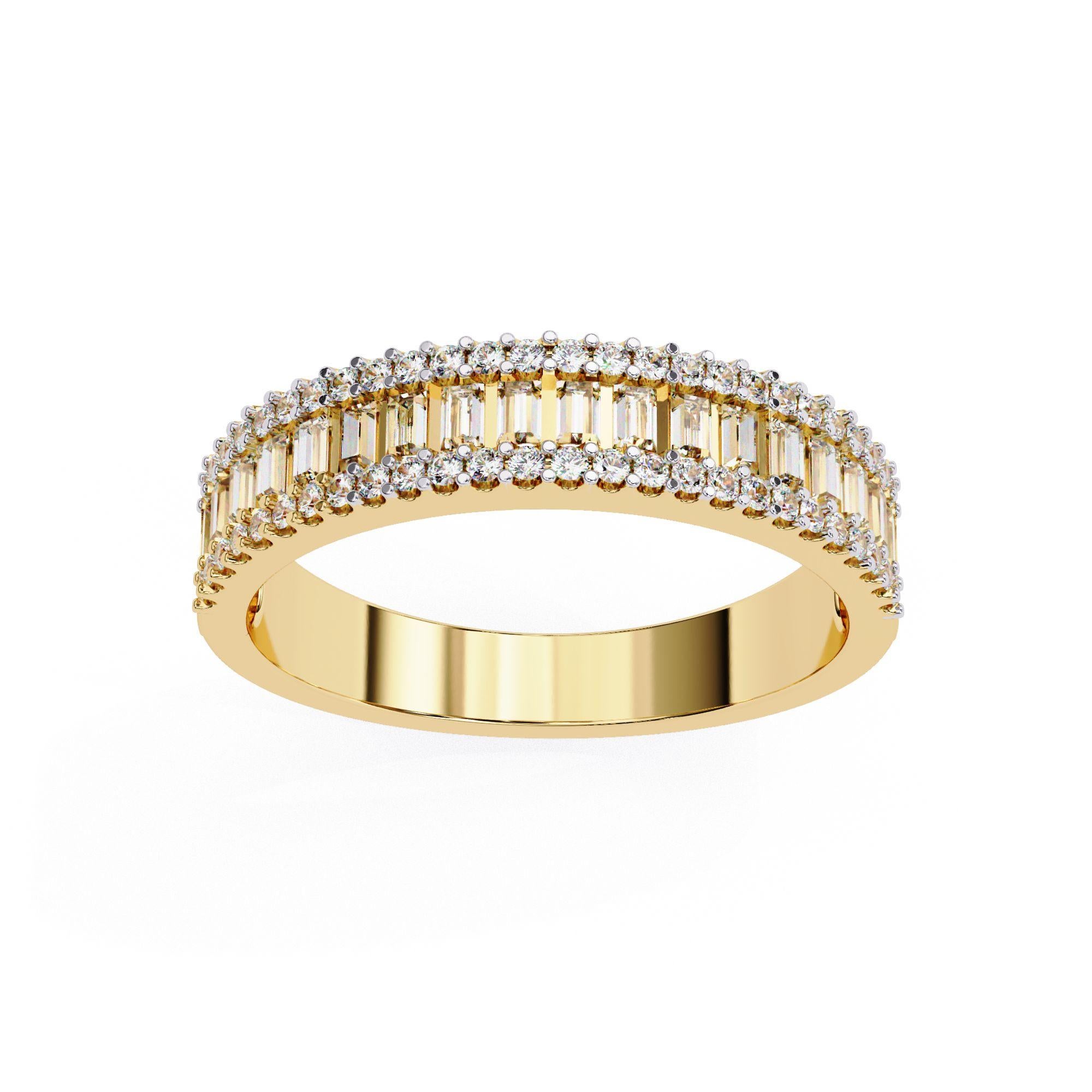Women's or Men's 3/5 Ctw Round and Baguette 3 Row Half Eternity Ring 14K Solid Gold SI GH For Sale