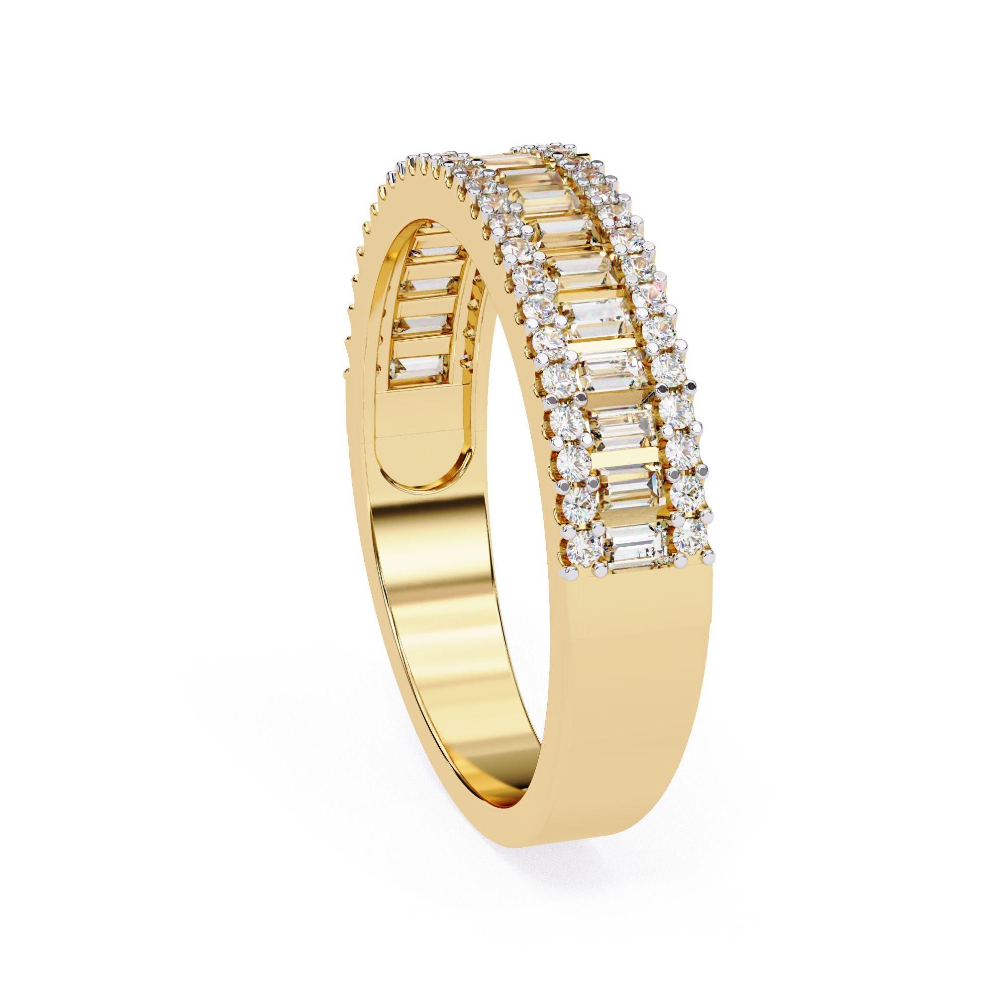 Anello a mezza eternità a 3 file con tondo e baguette da 3/5 carati in oro massiccio 14K SI GH in vendita 1