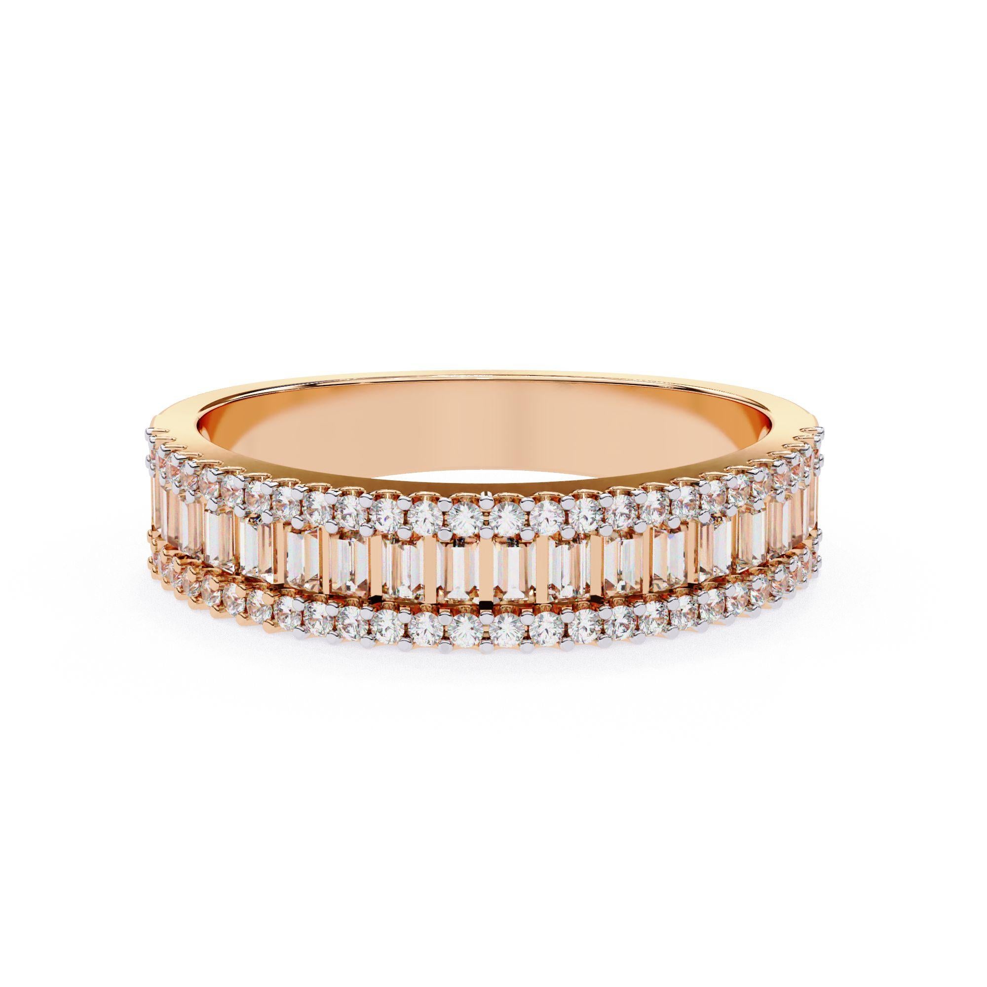 3/5 Ctw Round and Baguette 3 Row Half Eternity Ring 14K Solid Gold SI GH For Sale 3