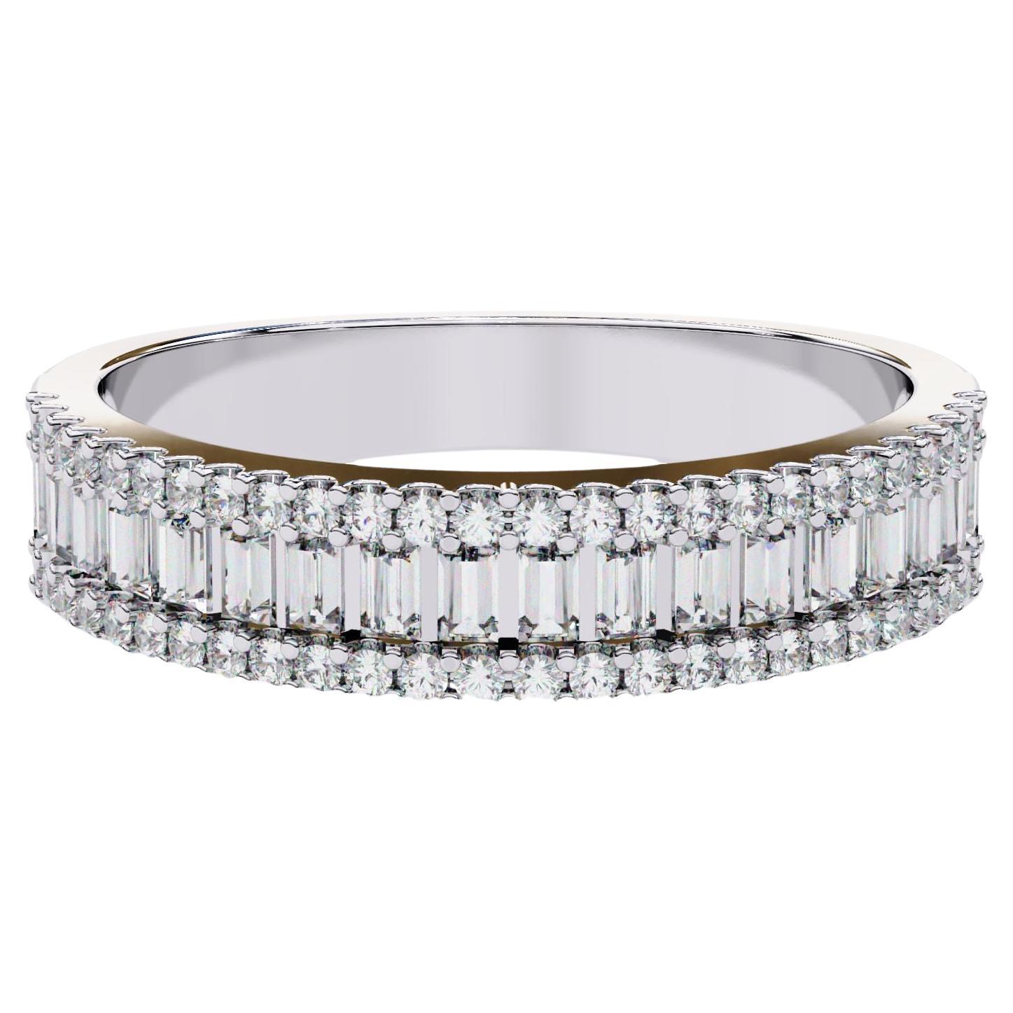 3/5 Ctw Round and Baguette 3 Row Half Eternity Ring 14K Solid Gold SI GH