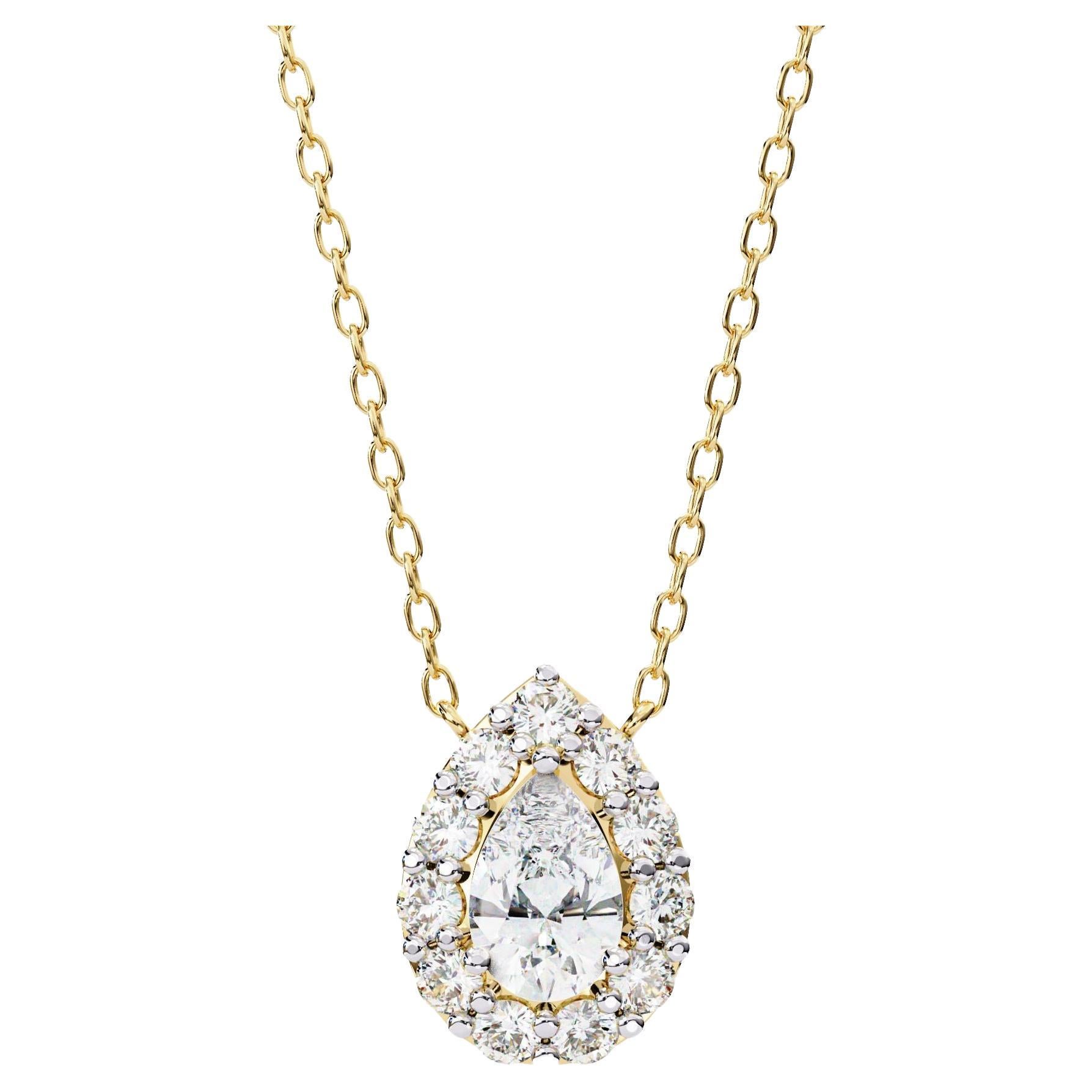 3/5 Pear Drop Halo Diamond Pendant Necklace, Prong Set  14K Solid Gold SI GH