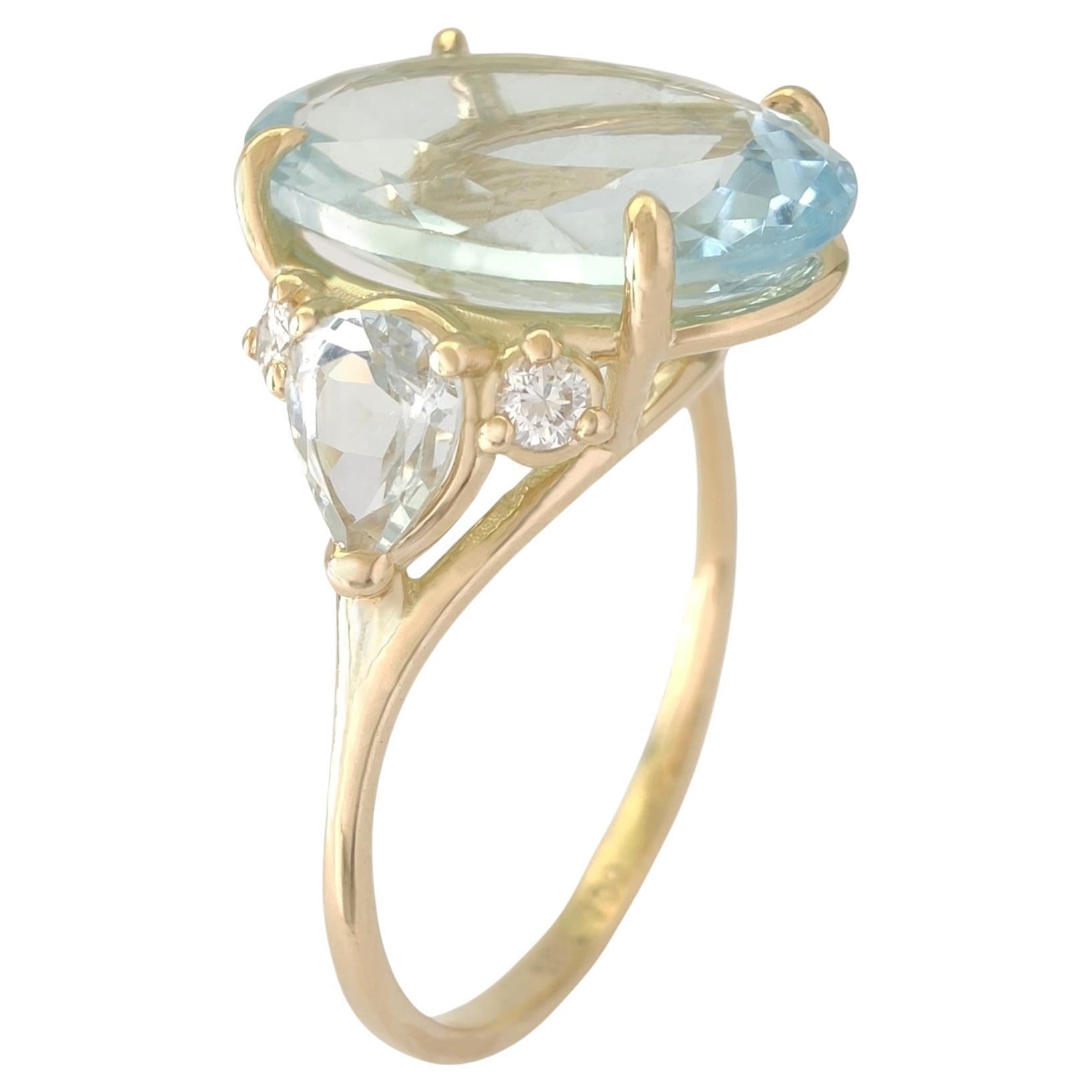 Anello di fidanzamento con acquamarina taglio ovale da 3,74 carati, diamante in oro giallo 18 carati  anello donna