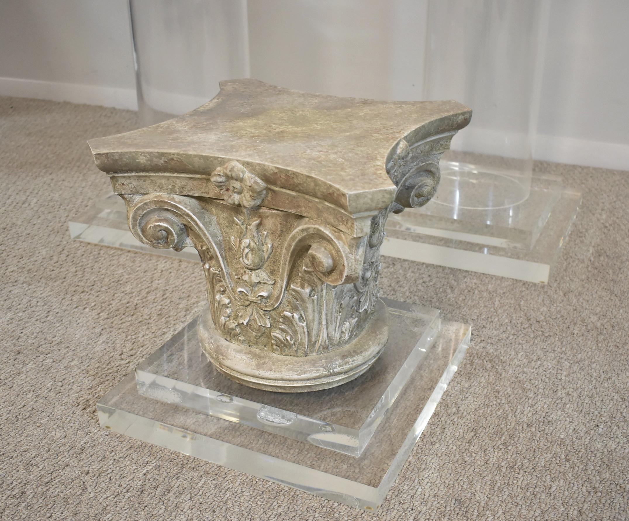 3 Acrylic Pillars with Limestone Corinthian Tops In Good Condition In Toledo, OH