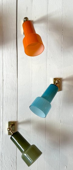 3 Adjustable Conical  Colored Glass & Brass Wall Sconces Circa 1960s