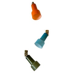 3 Adjustable Conical  Colored Glass & Brass Wall Sconces Circa 1960s