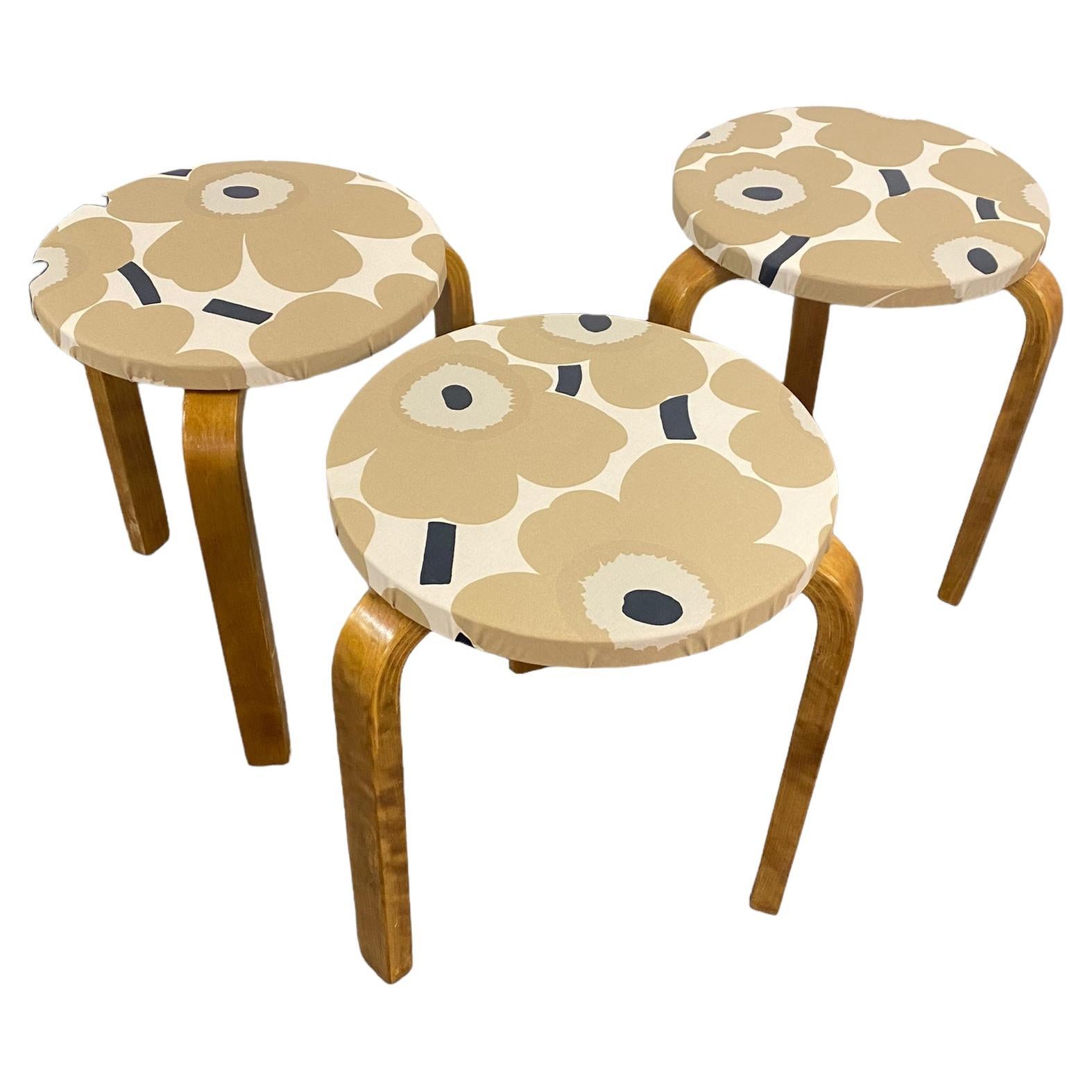 Set of 3 Alvar Aalto Stackable Stools Model 60, Marimekko Fabric, Artek 1930s