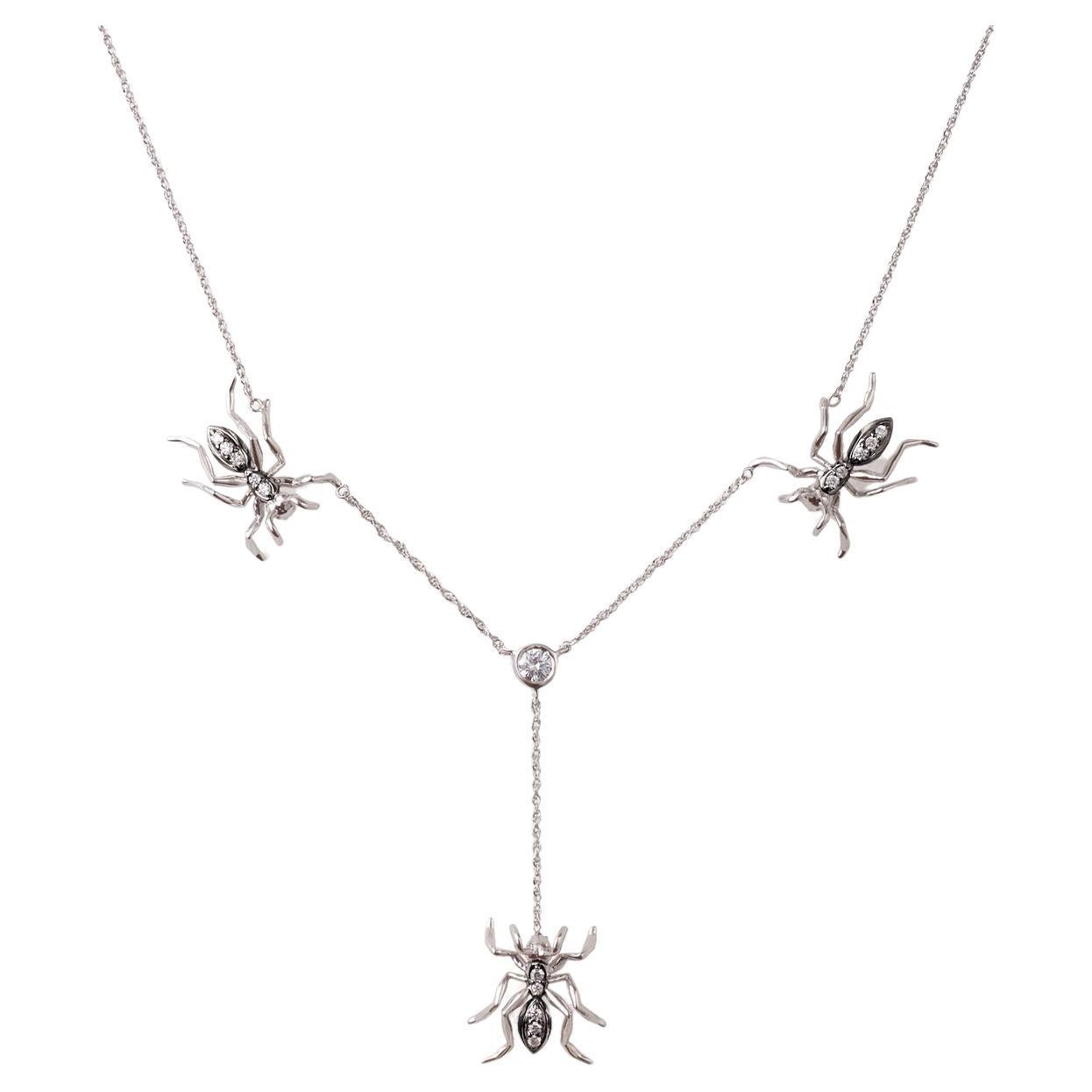 3 Ant Lariat Necklace White Gold Black Rhodium Diamonds