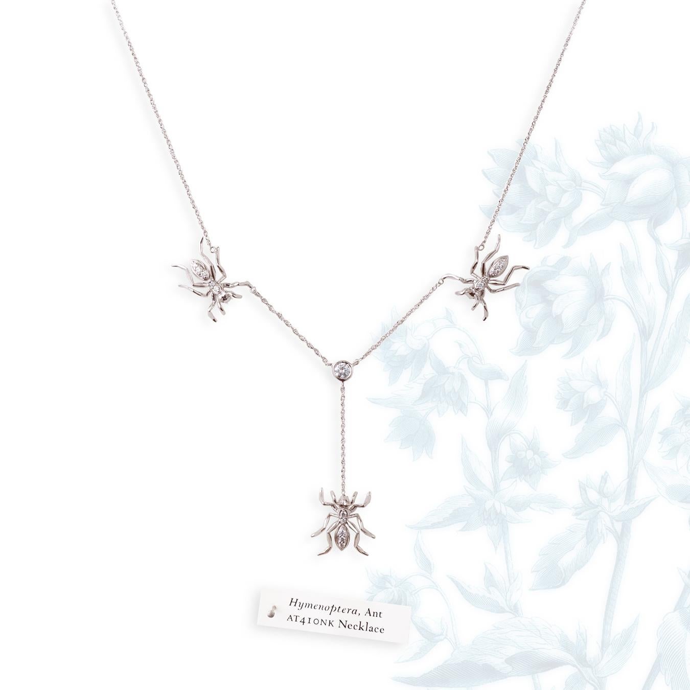 Women's 3 Ant Lariat Necklace White Gold Diamonds For Sale