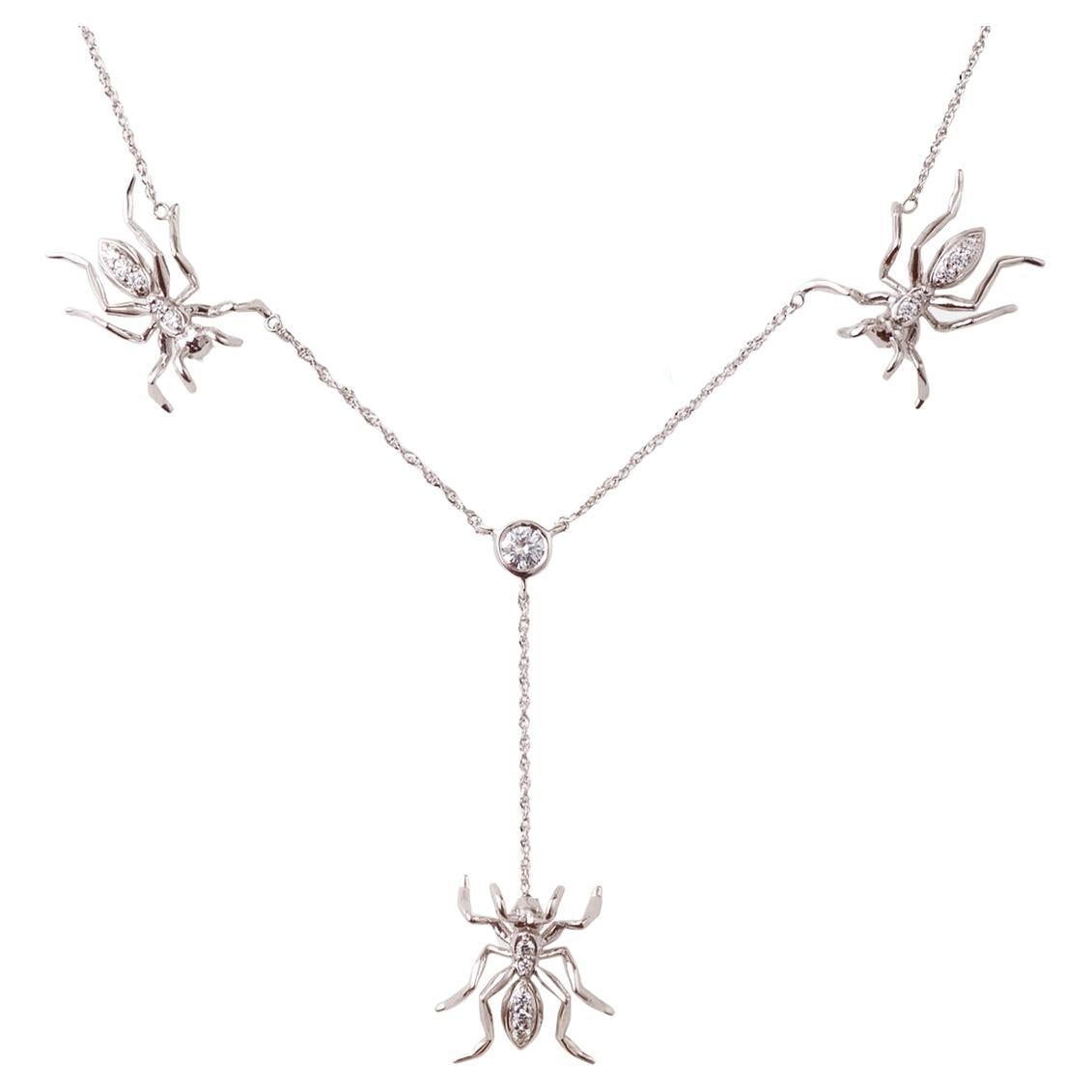 3 Ant Lariat Necklace White Gold Diamonds For Sale