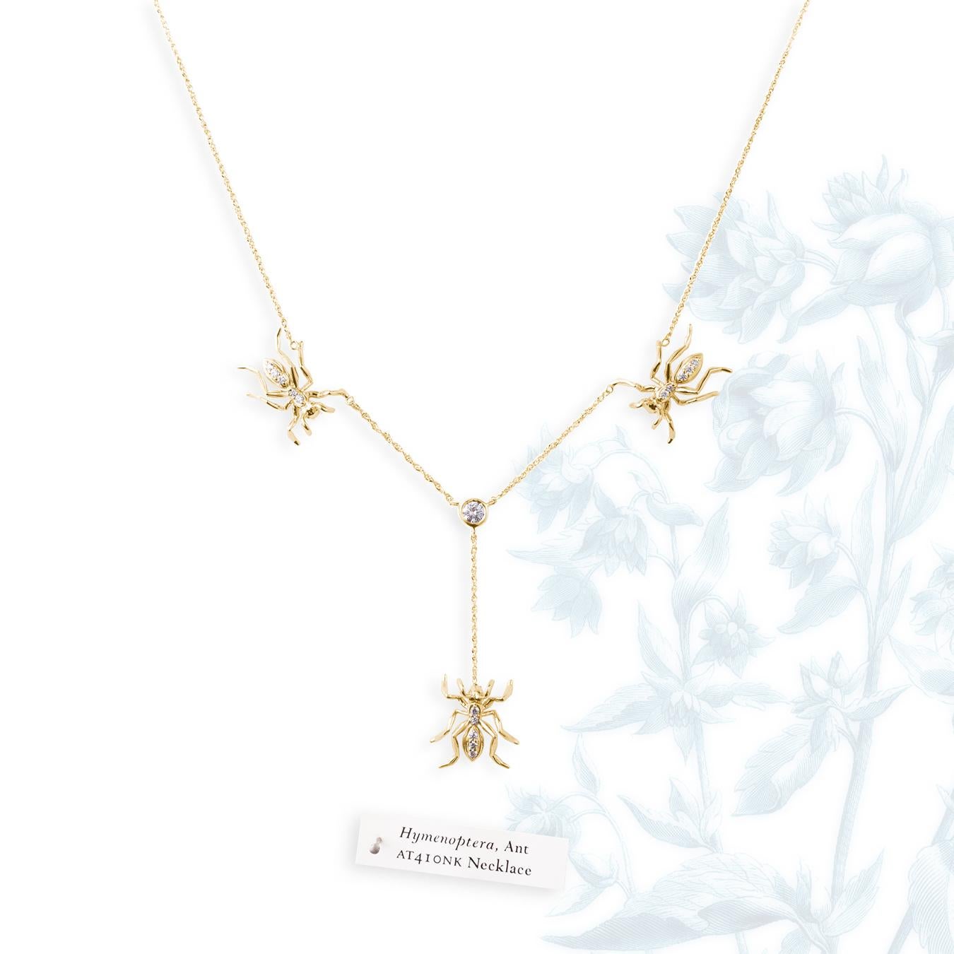 Brilliant Cut 3 Ant Lariat Necklace Yellow Gold Diamonds For Sale