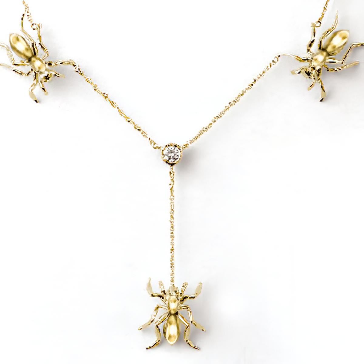 Brilliant Cut 3 Ant Lariat Necklace Diamond Yellow Solid Gold For Sale