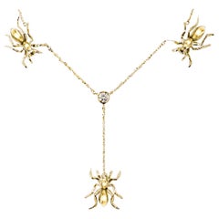 3 Ant Lariat Necklace Diamond Yellow Solid Gold