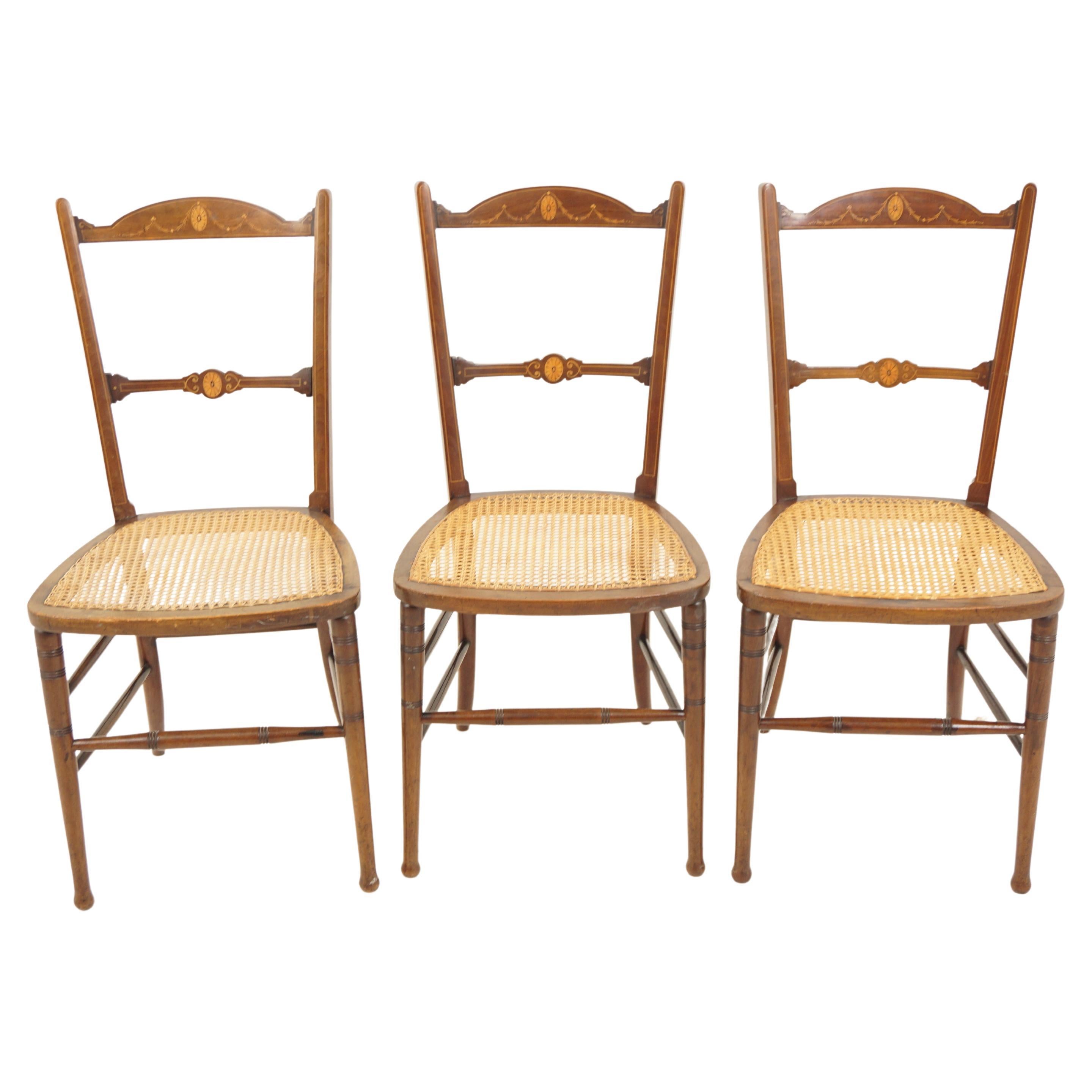 3 Ant. Victorian Walnut Inlaid Bedroom Chairs Wicker Seats, Scotland 1895 For Sale