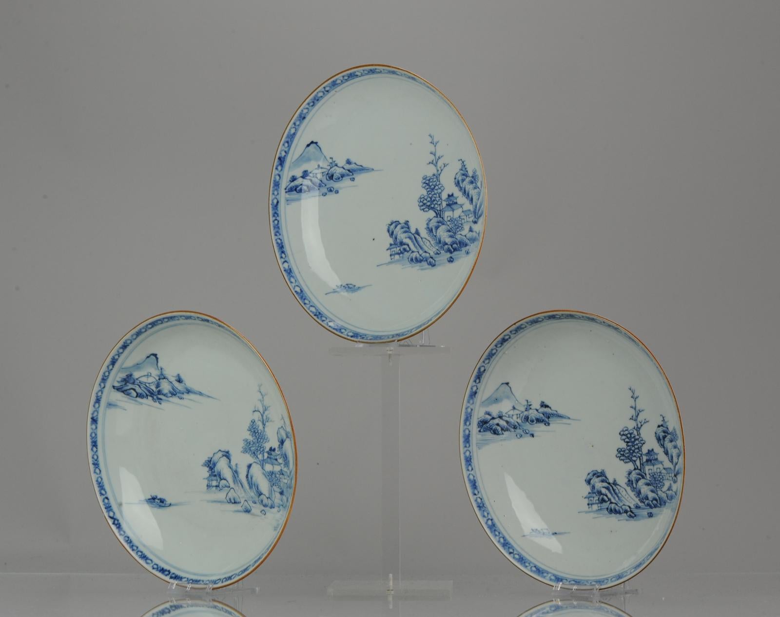 A very nicely decorated set of landscape plates. Stylistic painting style. Deep plates.

Condition
Overall condition dish 1 with a glaze line underside rim and small frit. Dish 2 3 lines, dish 3 1 line. Size 229 x 38mm DXH Approx. to be updated
