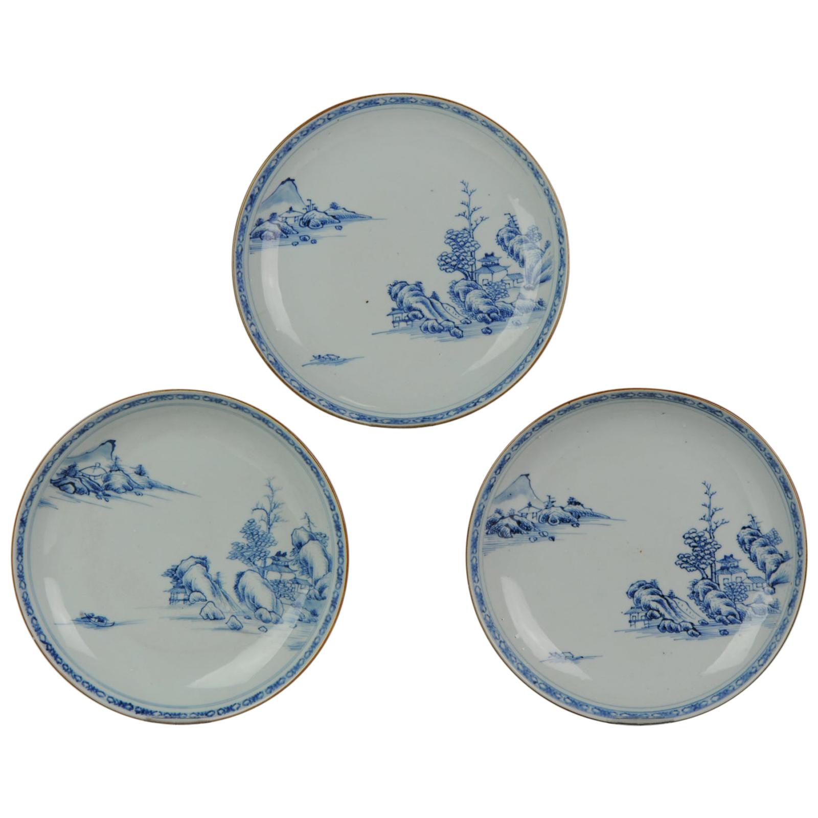#3 Antique 18th C Chinese Porcelain Qianlong Blue and White Plates Landscape For Sale