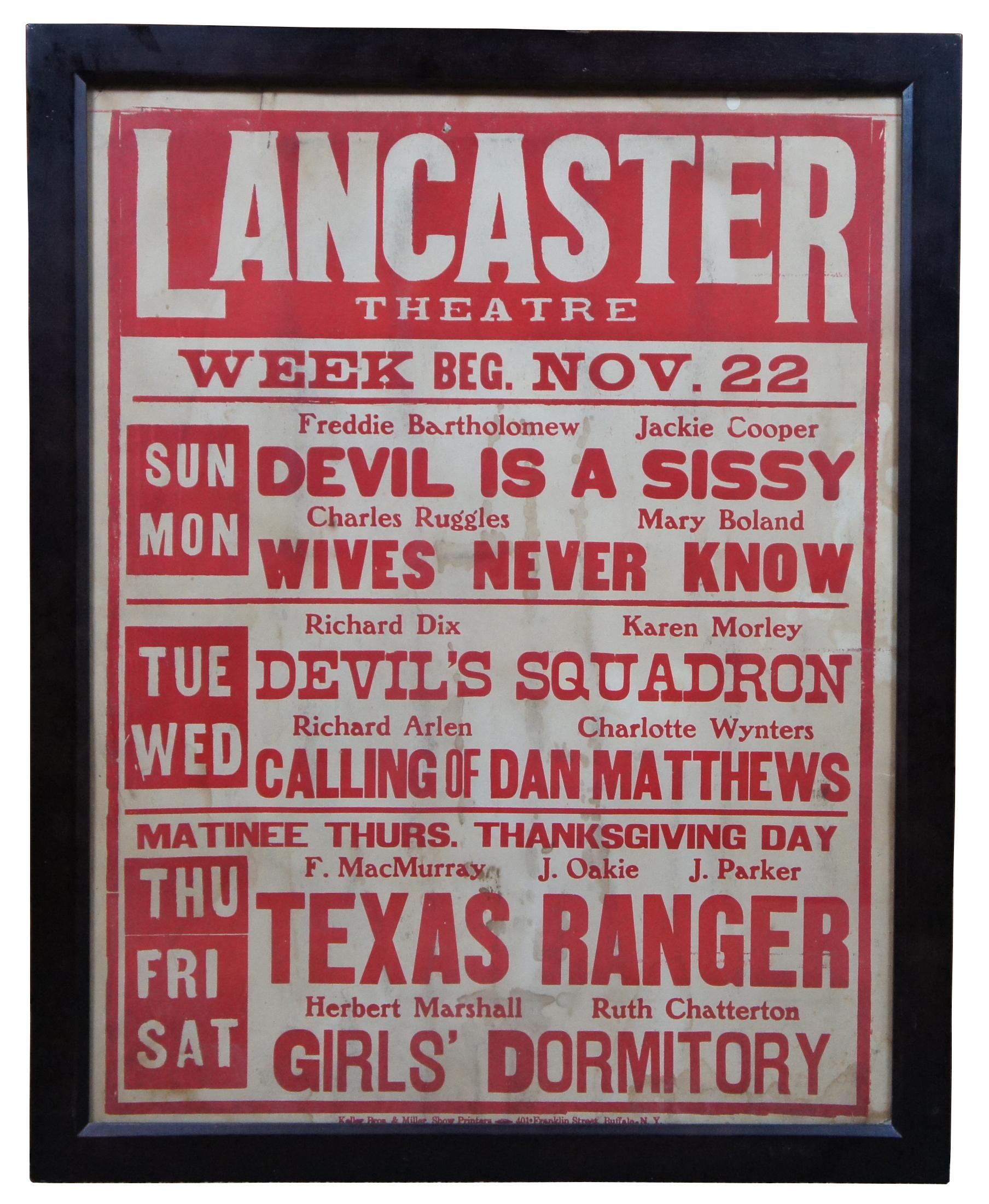 Set of three antique marquee posters for the Lancaster Theatre from 1936, 1937, and 1938, printed by Keller Bros and Miller Poster Printers of Buffalo, NY. Featuring Devil is a Sissy, Wives Never Know, Devils Squadron, Calling of Dan Matthews, Texas