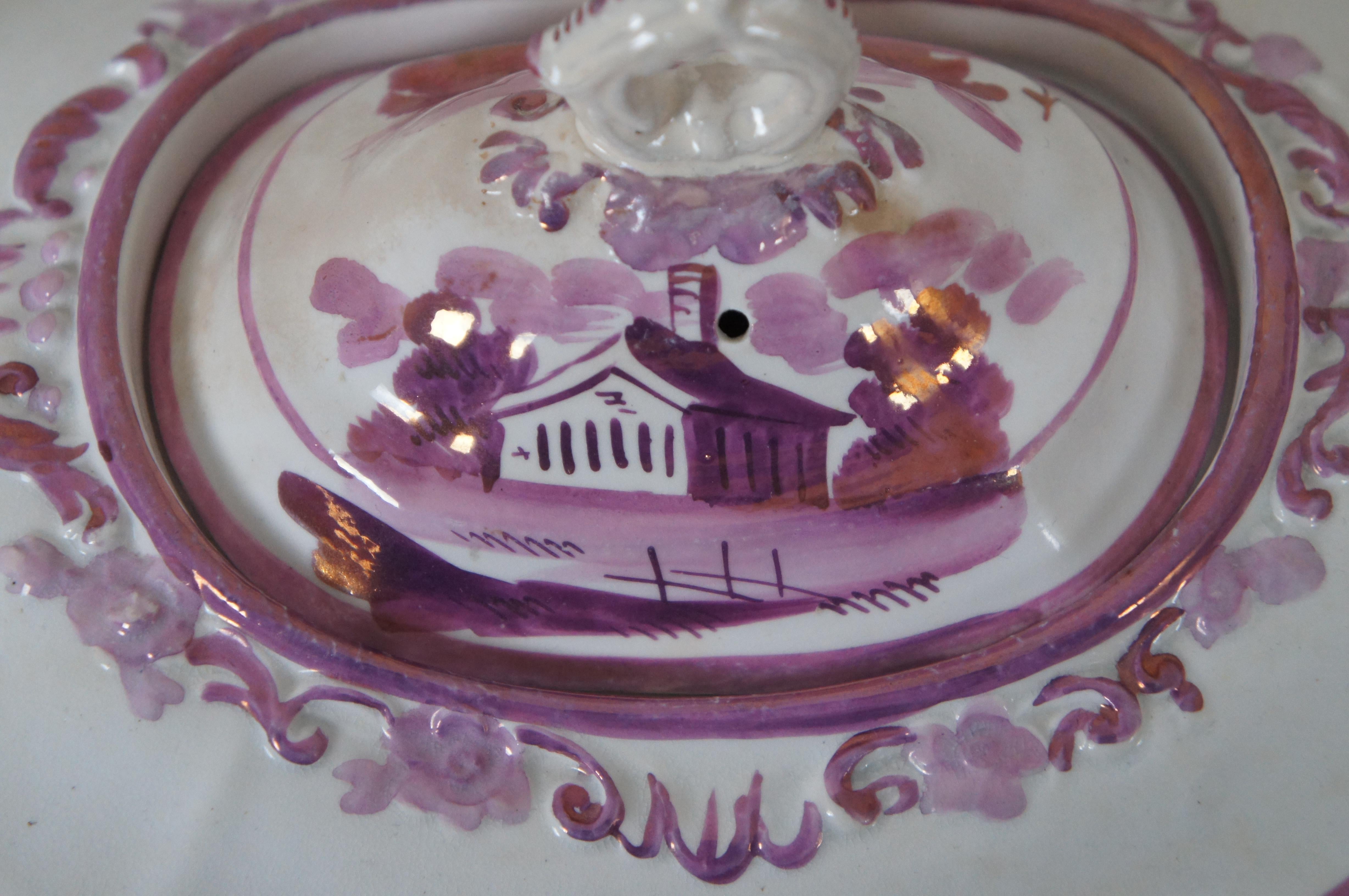 3 Antique 19th Century Pink Purple Lustreware Tea Coffee Cream Sugar Set  For Sale 2