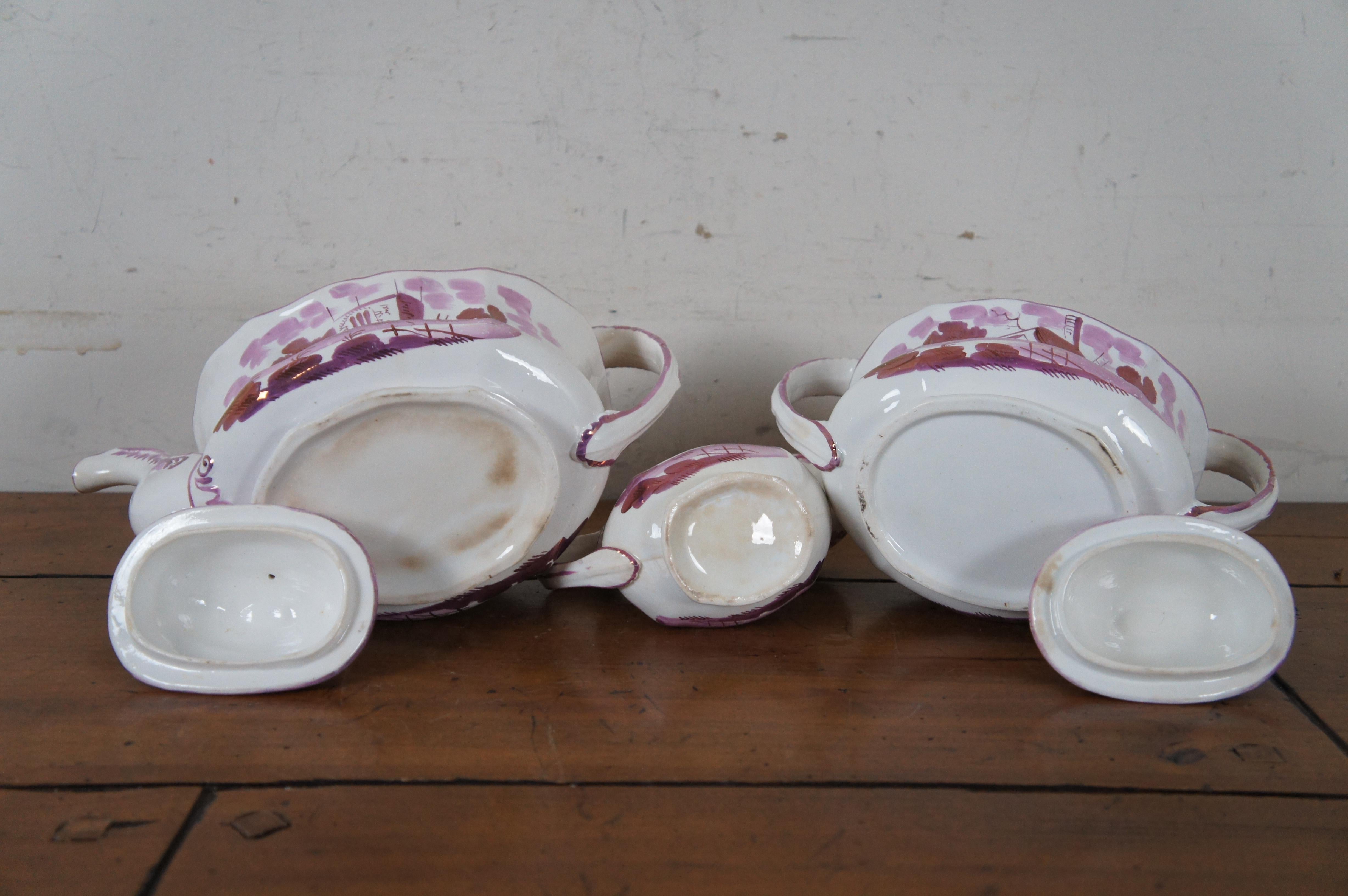 3 Antique 19th Century Pink Purple Lustreware Tea Coffee Cream Sugar Set  en vente 5