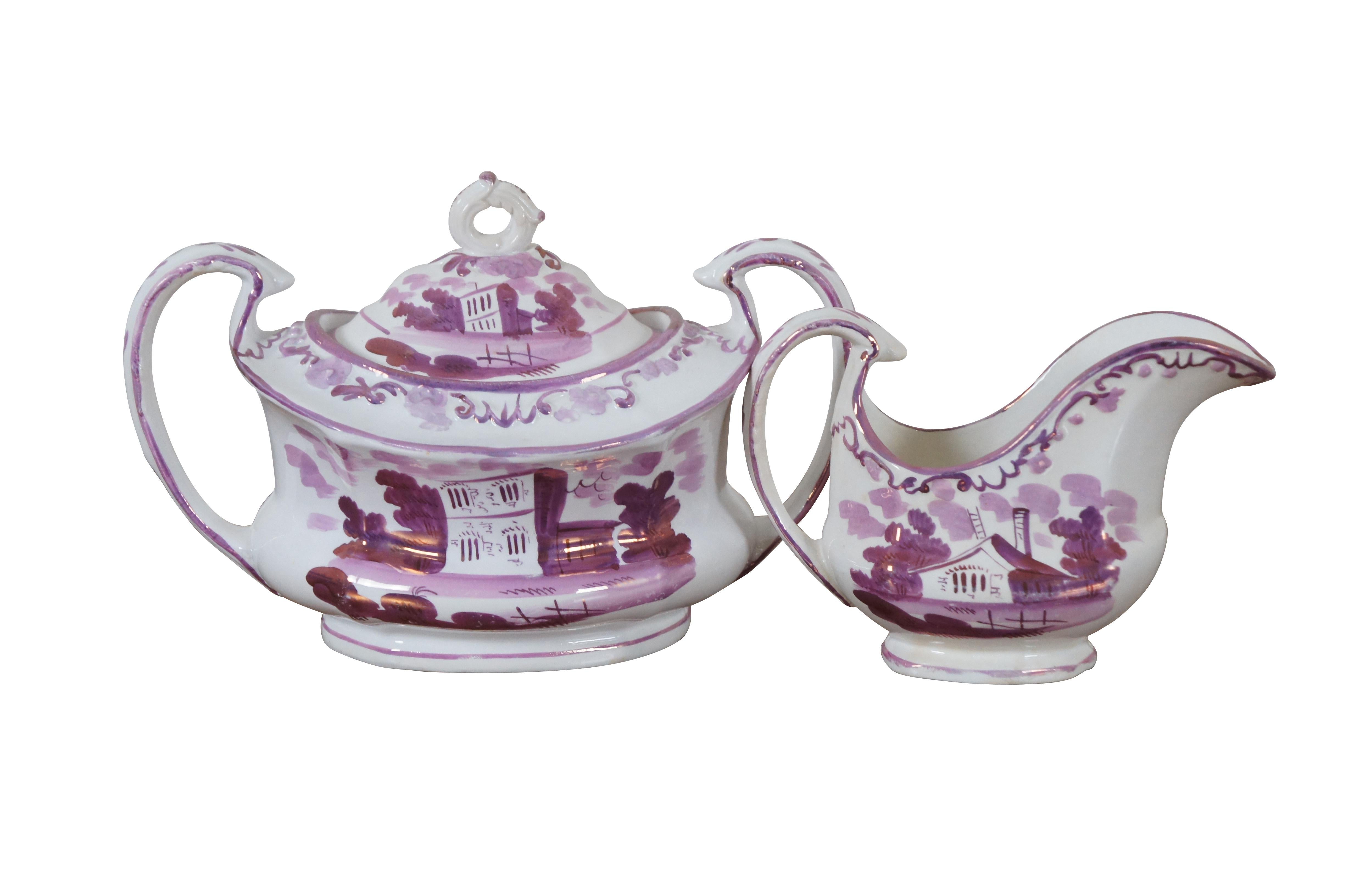 Victorien 3 Antique 19th Century Pink Purple Lustreware Tea Coffee Cream Sugar Set  en vente