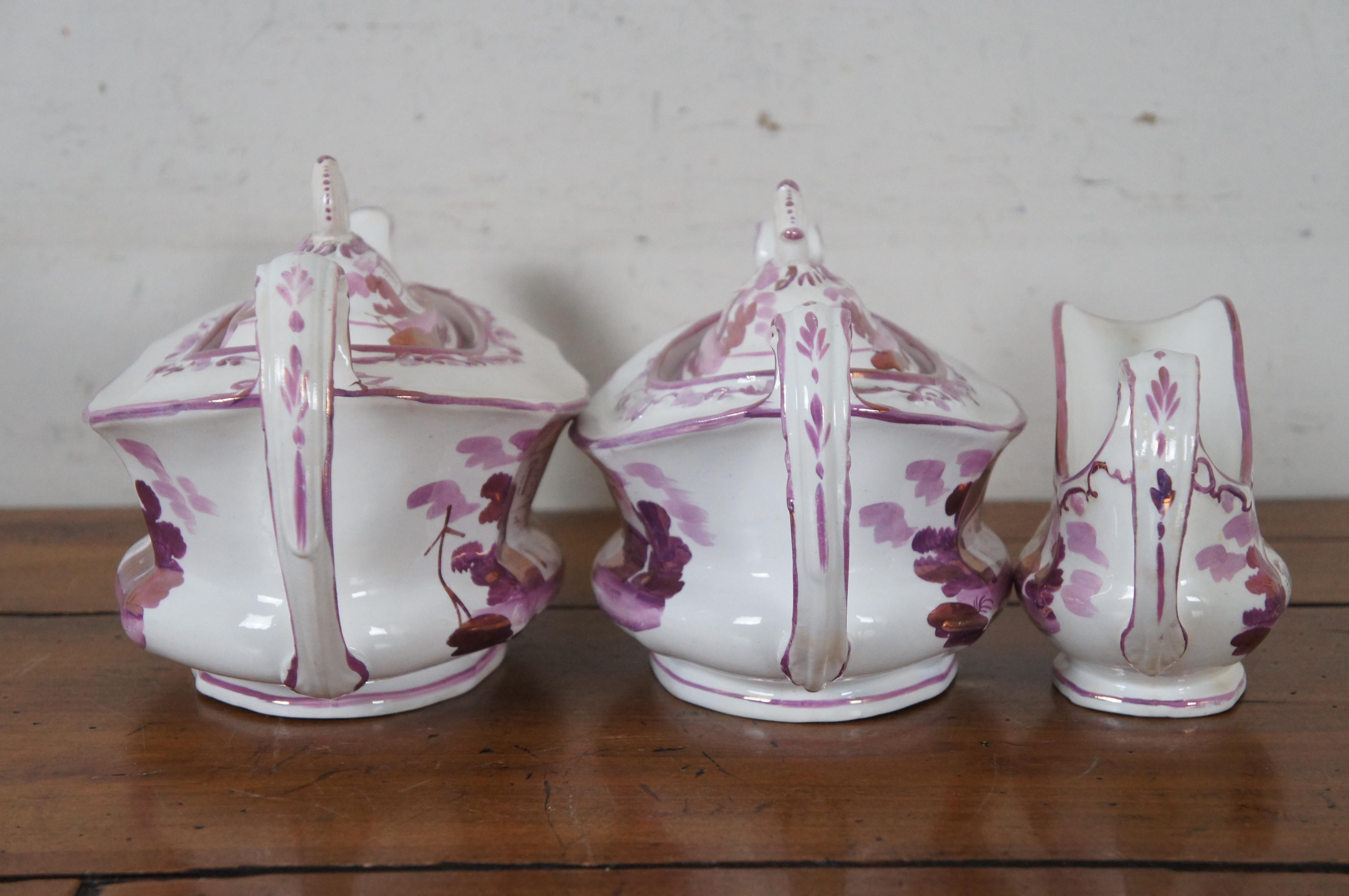 3 Antique 19th Century Pink Purple Lustreware Tea Coffee Cream Sugar Set  Bon état - En vente à Dayton, OH
