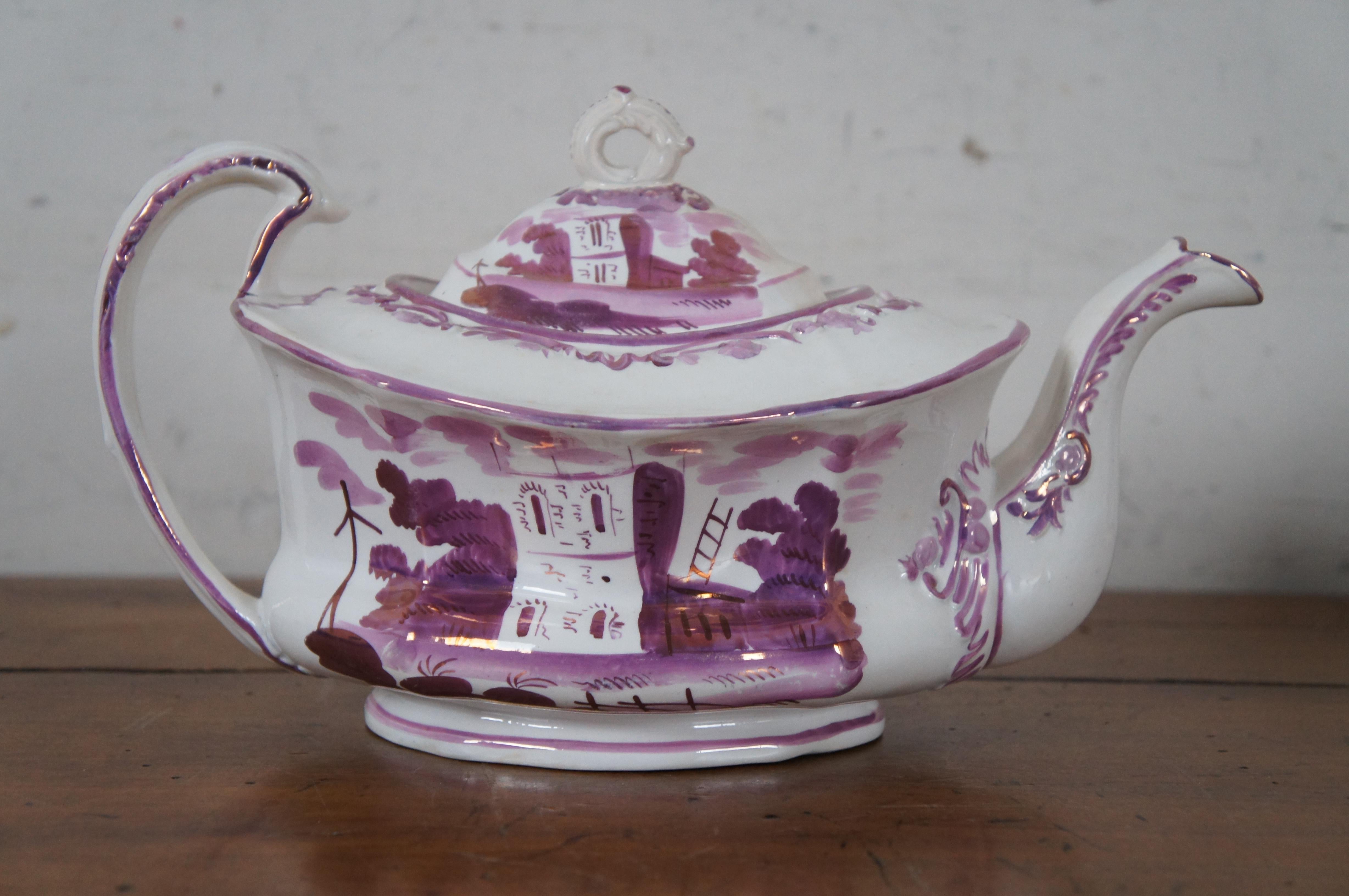 XIXe siècle 3 Antique 19th Century Pink Purple Lustreware Tea Coffee Cream Sugar Set  en vente