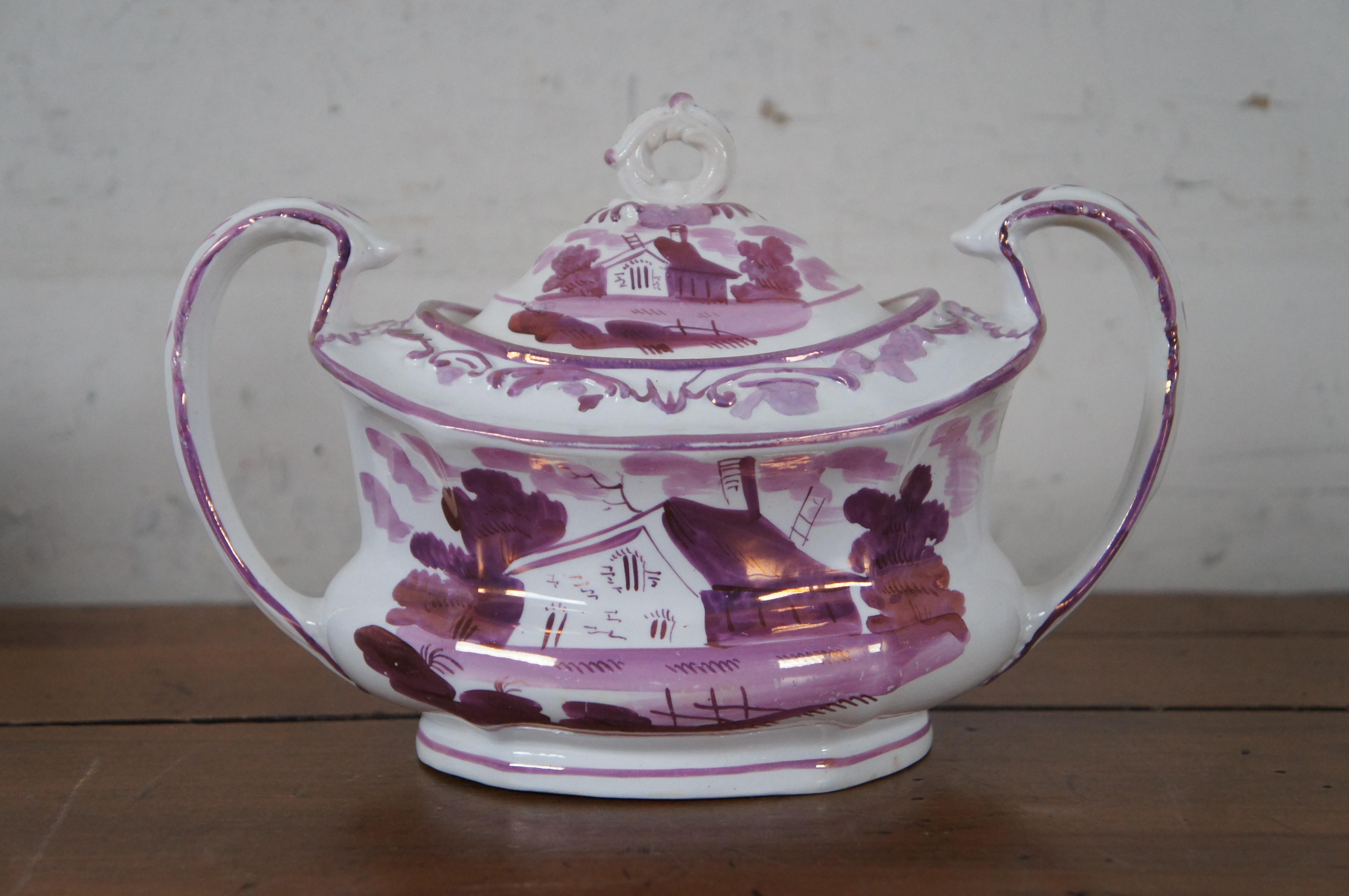 Victorian 3 Antique 19th Century Pink Purple Lustreware Tea Coffee Cream Sugar Set  For Sale