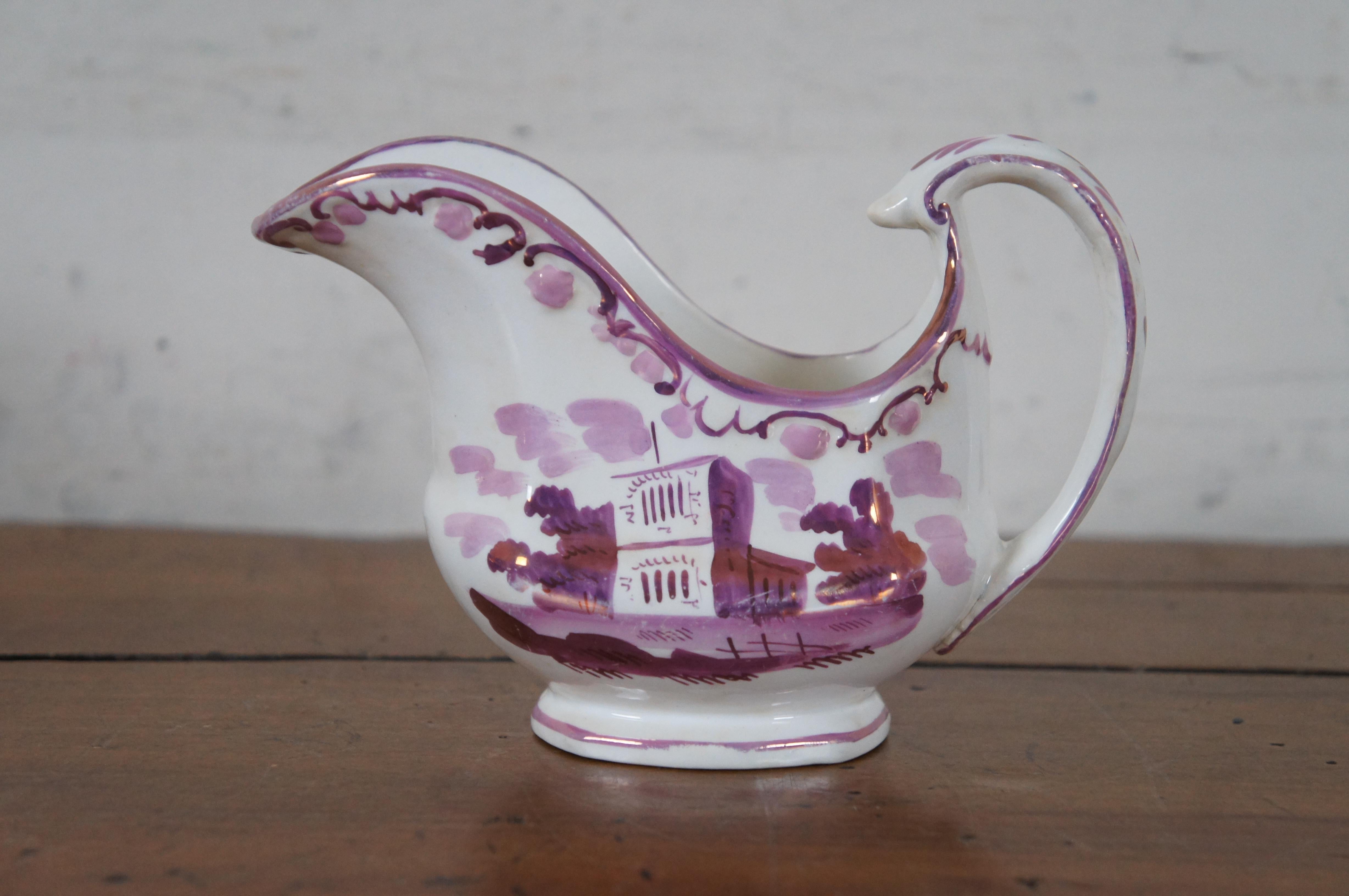 3 Antique 19th Century Pink Purple Lustreware Tea Coffee Cream Sugar Set  en vente 1