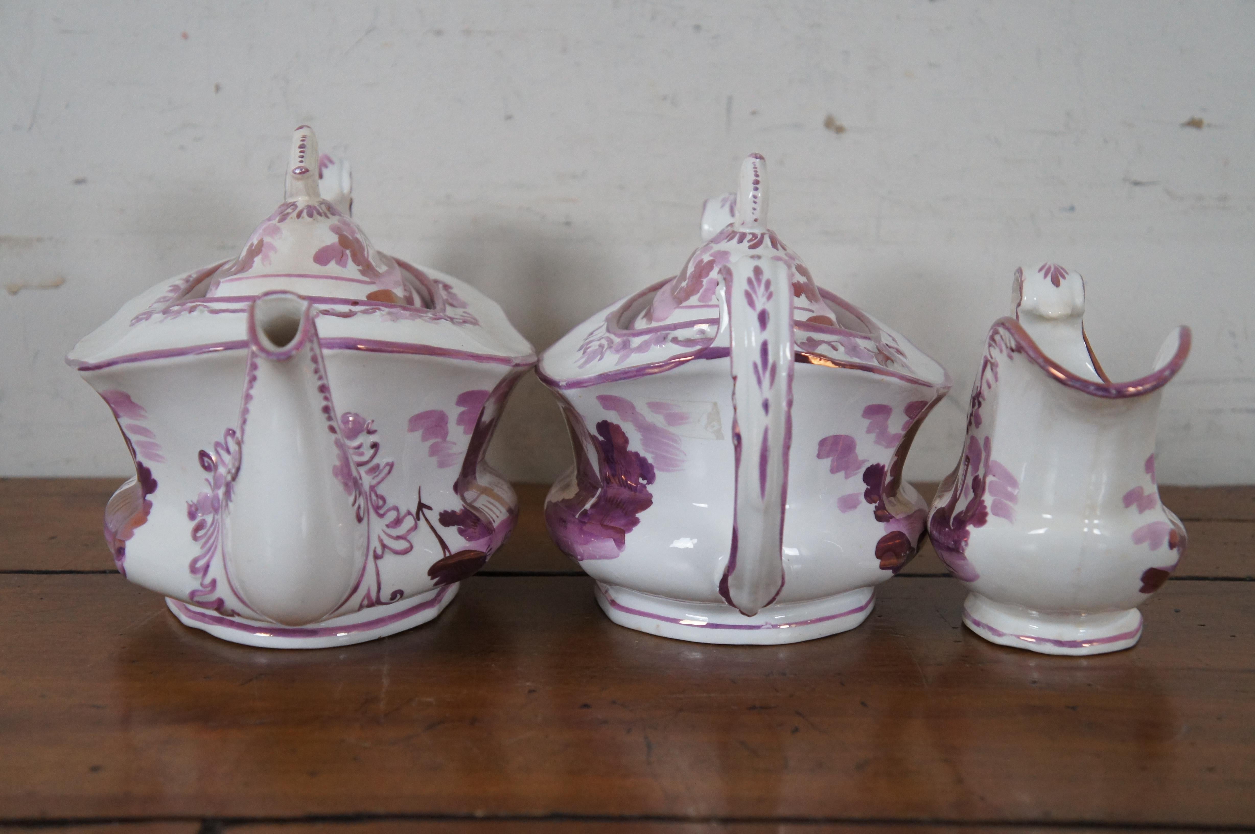 Porcelain 3 Antique 19th Century Pink Purple Lustreware Tea Coffee Cream Sugar Set  For Sale