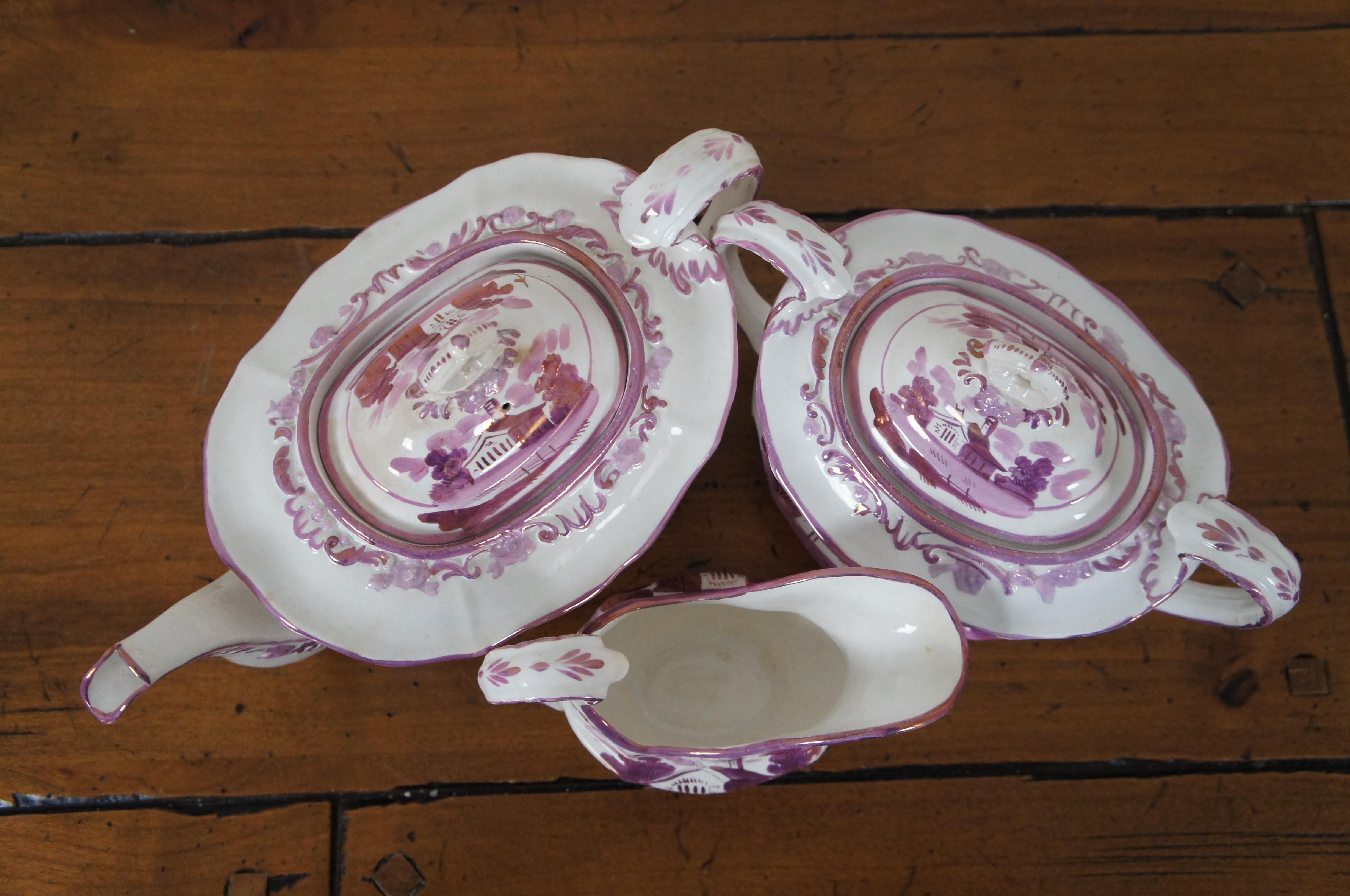 3 Antique 19th Century Pink Purple Lustreware Tea Coffee Cream Sugar Set  For Sale 1