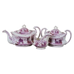 3 Antique 19th Century Pink Purple Lustreware Tea Coffee Cream Sugar Set