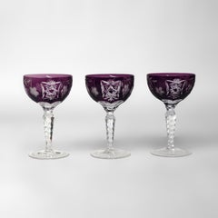 3 Antique Bohemian Cranberry Floral & Grape Cut To Clear Crystal Goblets c1900