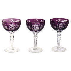 3 Antique Bohemian Cranberry Floral & Grape Cut To Clear Crystal Goblets c1900