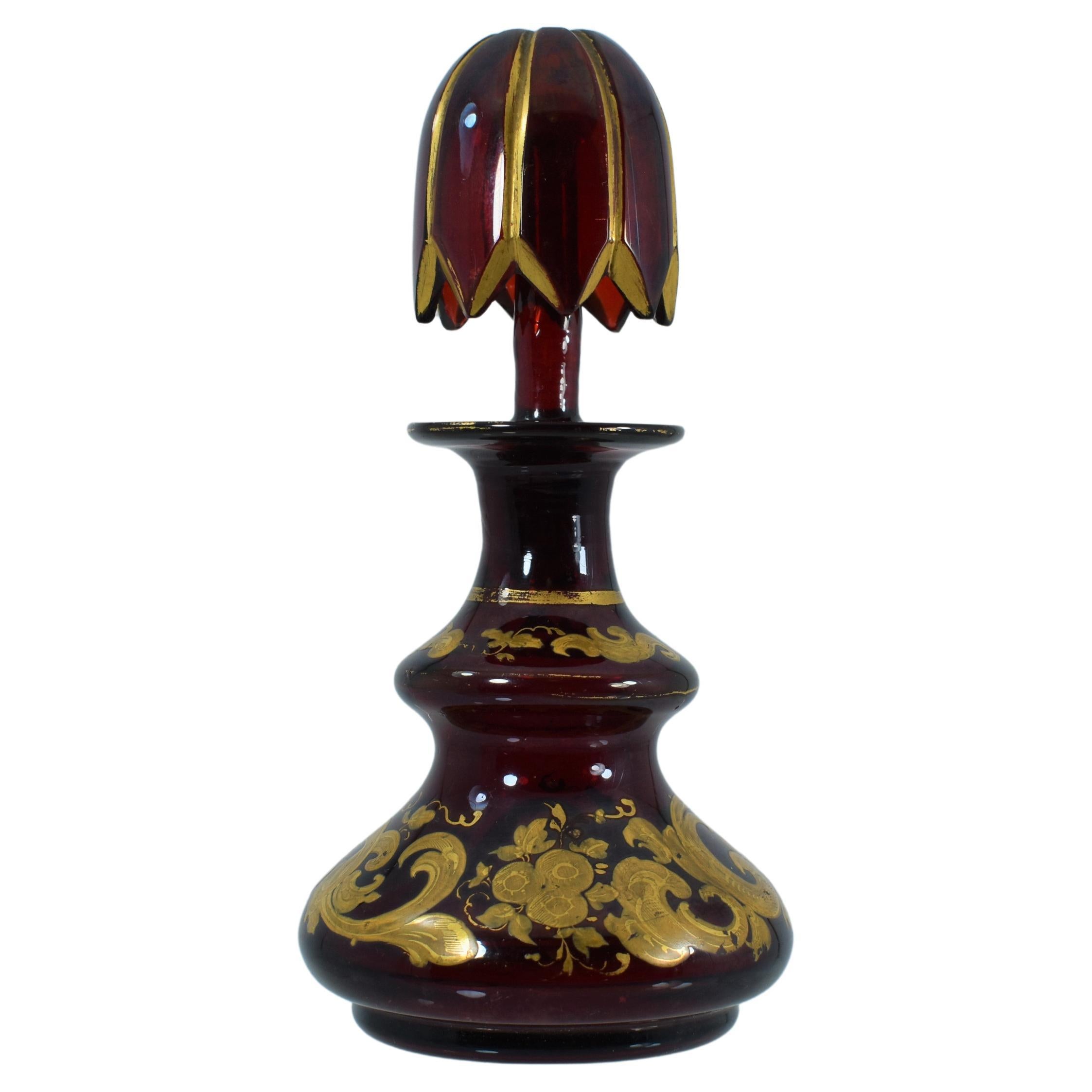 Blown Glass 3 Antique Bohemian Ruby Red Enameled Glass Perfume Bottles, Flacon, 19th Century For Sale