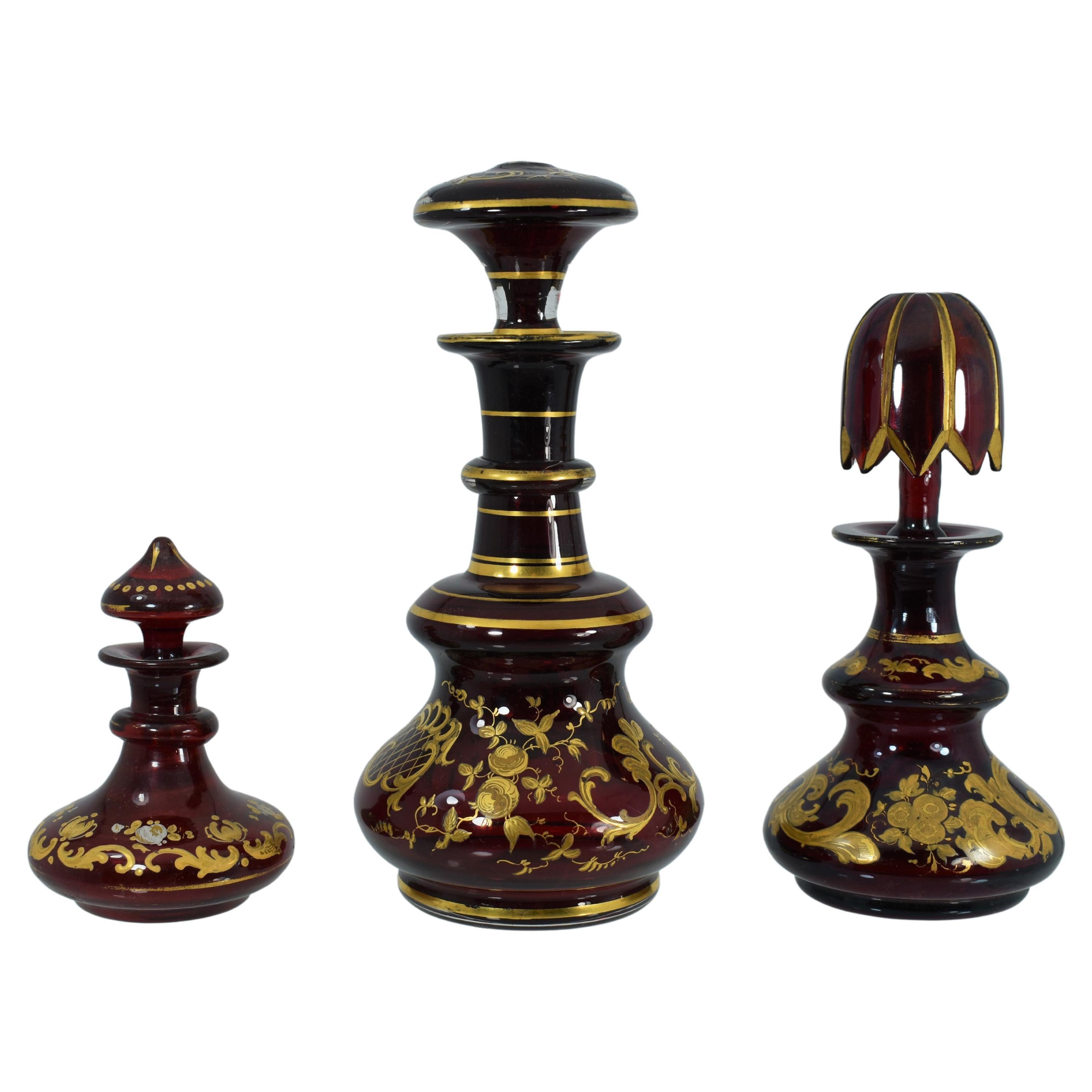 3 Antique Bohemian Ruby Red Enameled Glass Perfume Bottles, Flacon, 19th Century