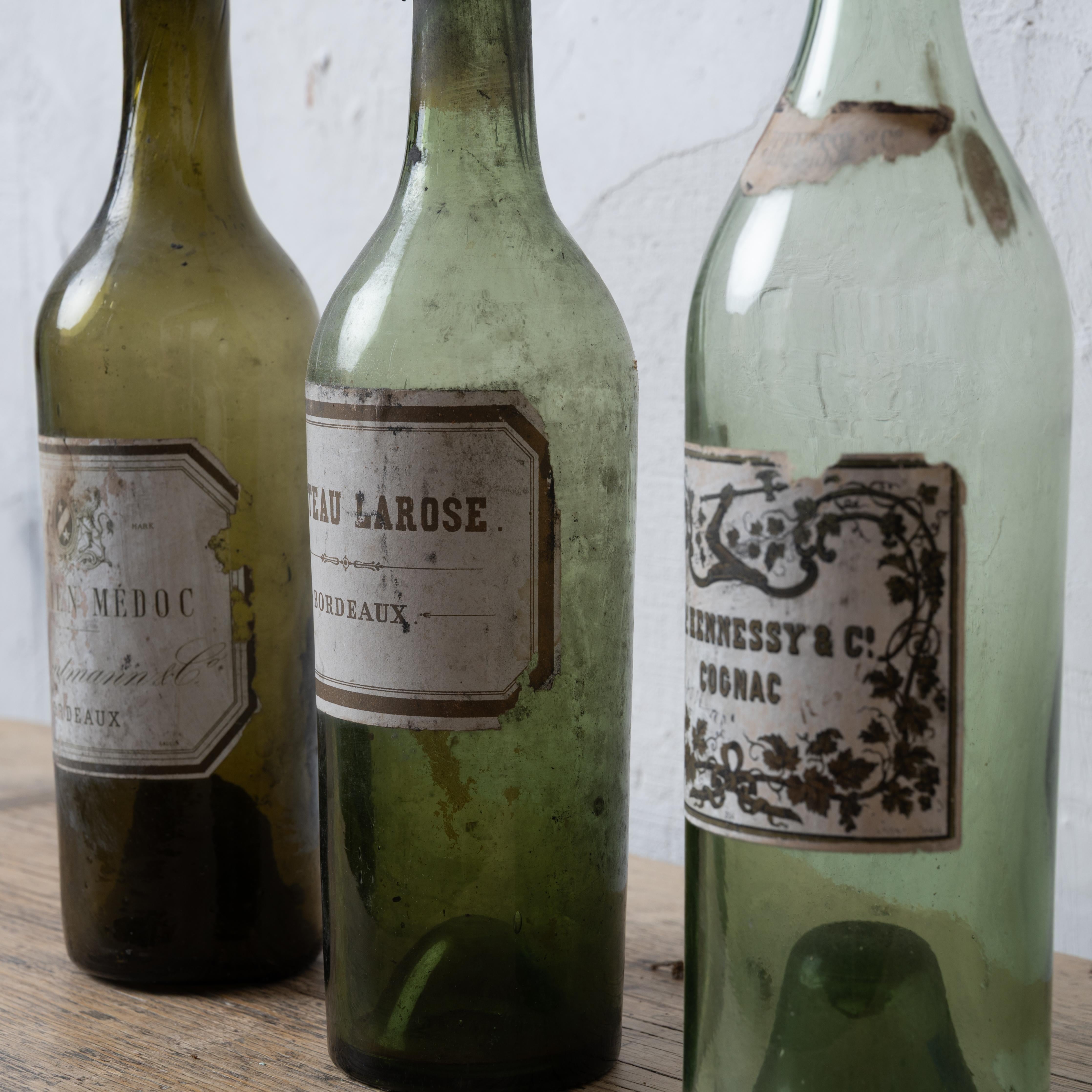 French 3 Antique Bottles St. Julien Medoc, Chateau Larose, Hennessy - Savannah History For Sale